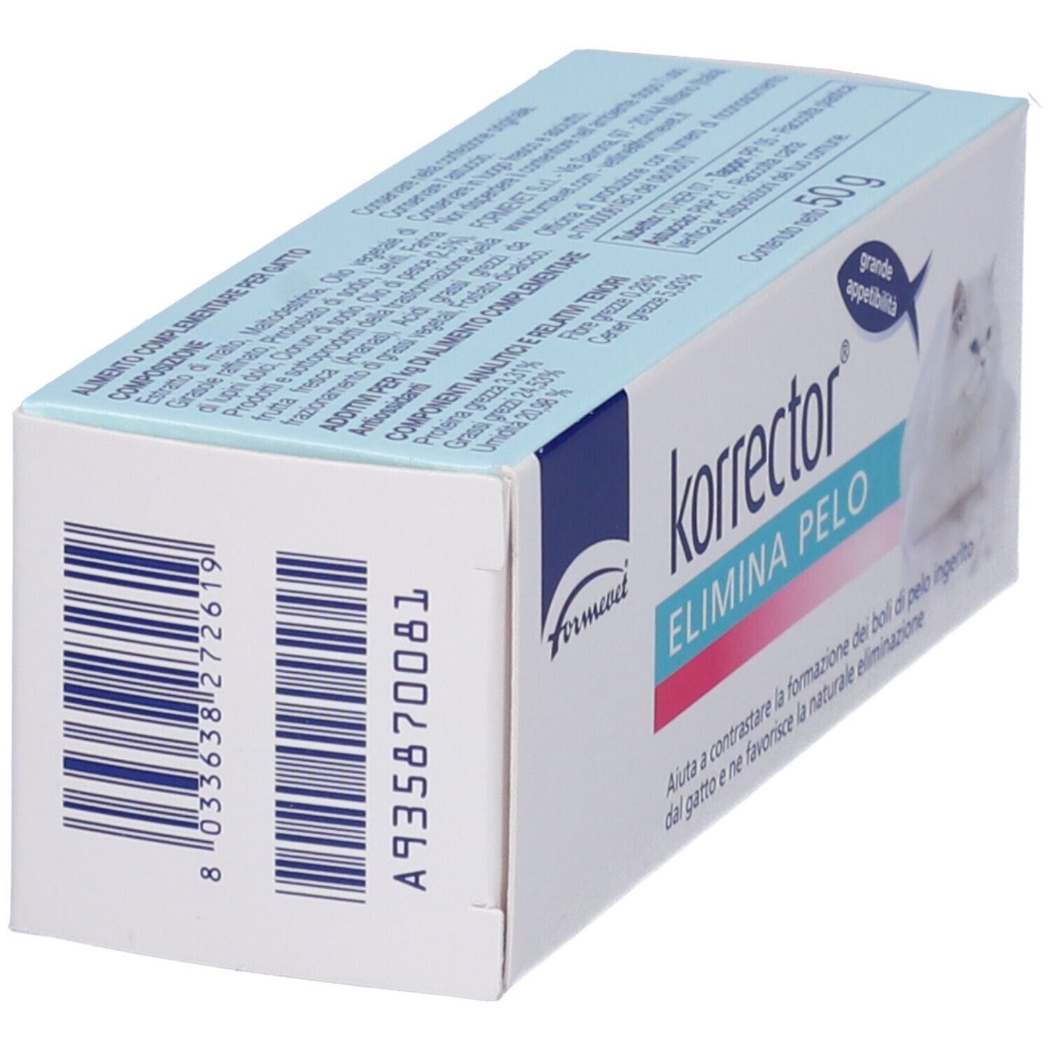 Scatola Korrector Elimina Pelo Gatto, vista laterale con codice a barre e nome prodotto. Testo in italiano.