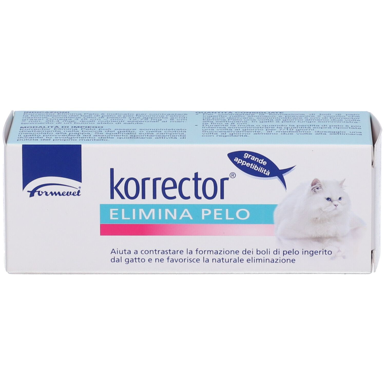 Scatola Korrector Elimina Pelo Gatto. Nome prodotto, logo e gatto bianco. Testo in italiano.