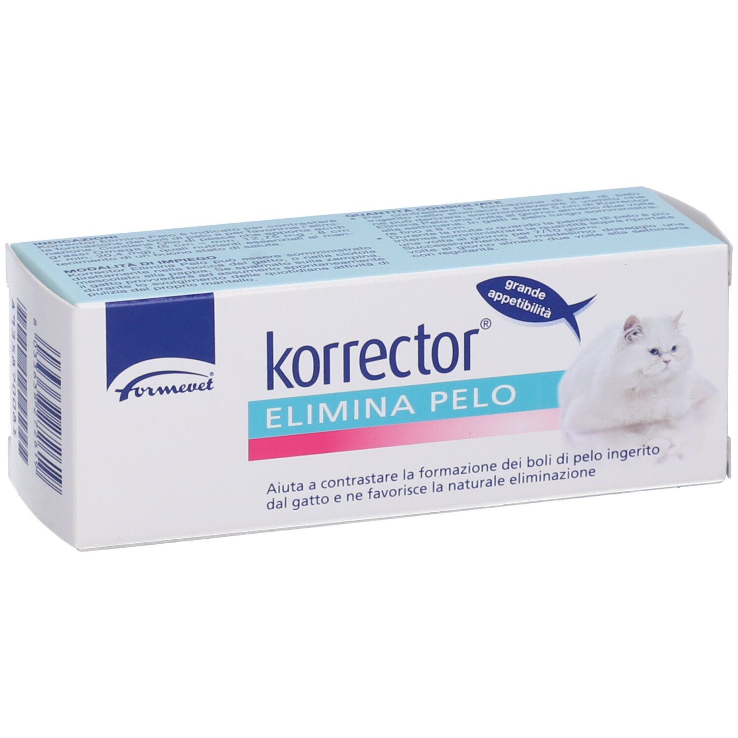 Scatola Korrector Elimina Pelo Gatto. Nome prodotto, logo e gatto bianco. Testo in italiano.