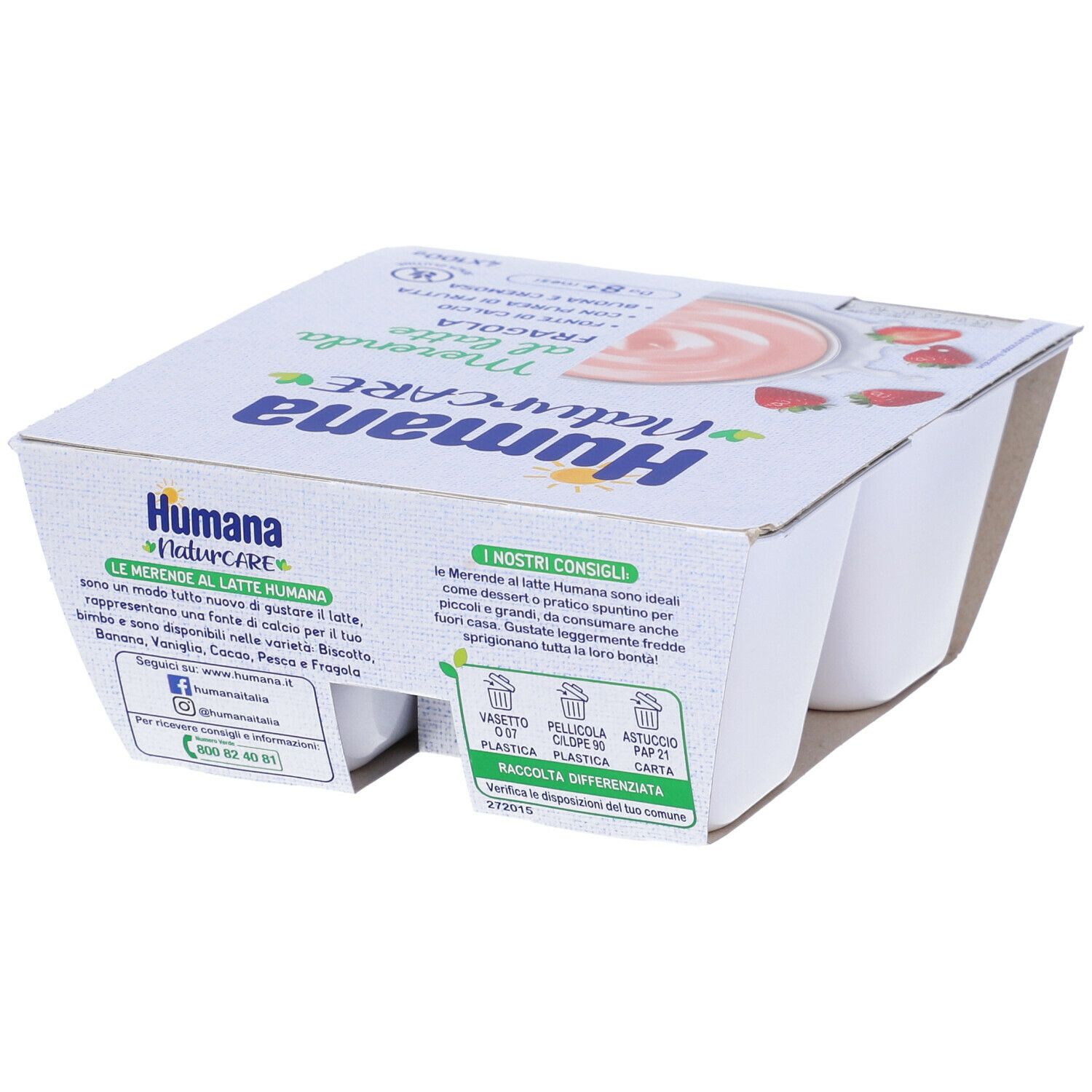 Retro della confezione di quattro dessert Humana Naturcare Merenda al Latte alla fragola. Contiene informazioni sugli ingredienti e il riciclaggio.