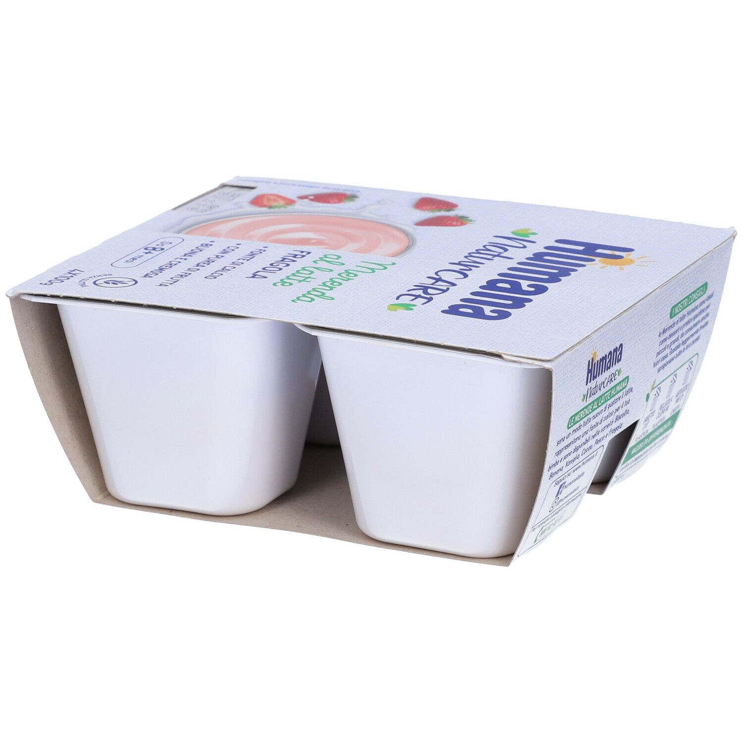 Confezione da quattro dessert Humana Naturcare Merenda al Latte alla fragola. La confezione mostra il prodotto di lato.