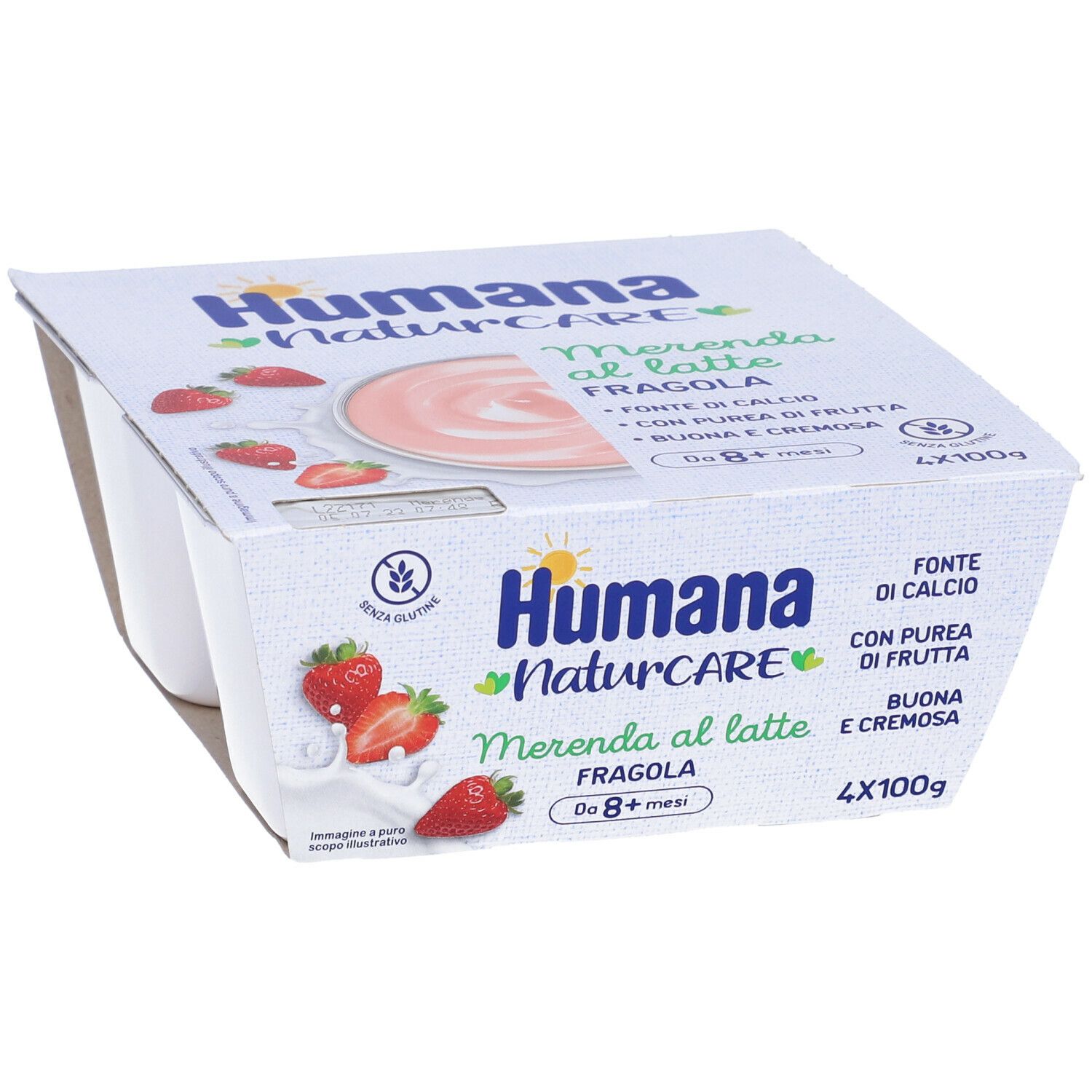 Confezione da quattro dessert Humana Naturcare Merenda al Latte alla fragola. Senza glutine. Con purea di frutta e calcio. Adatto da 8 mesi.