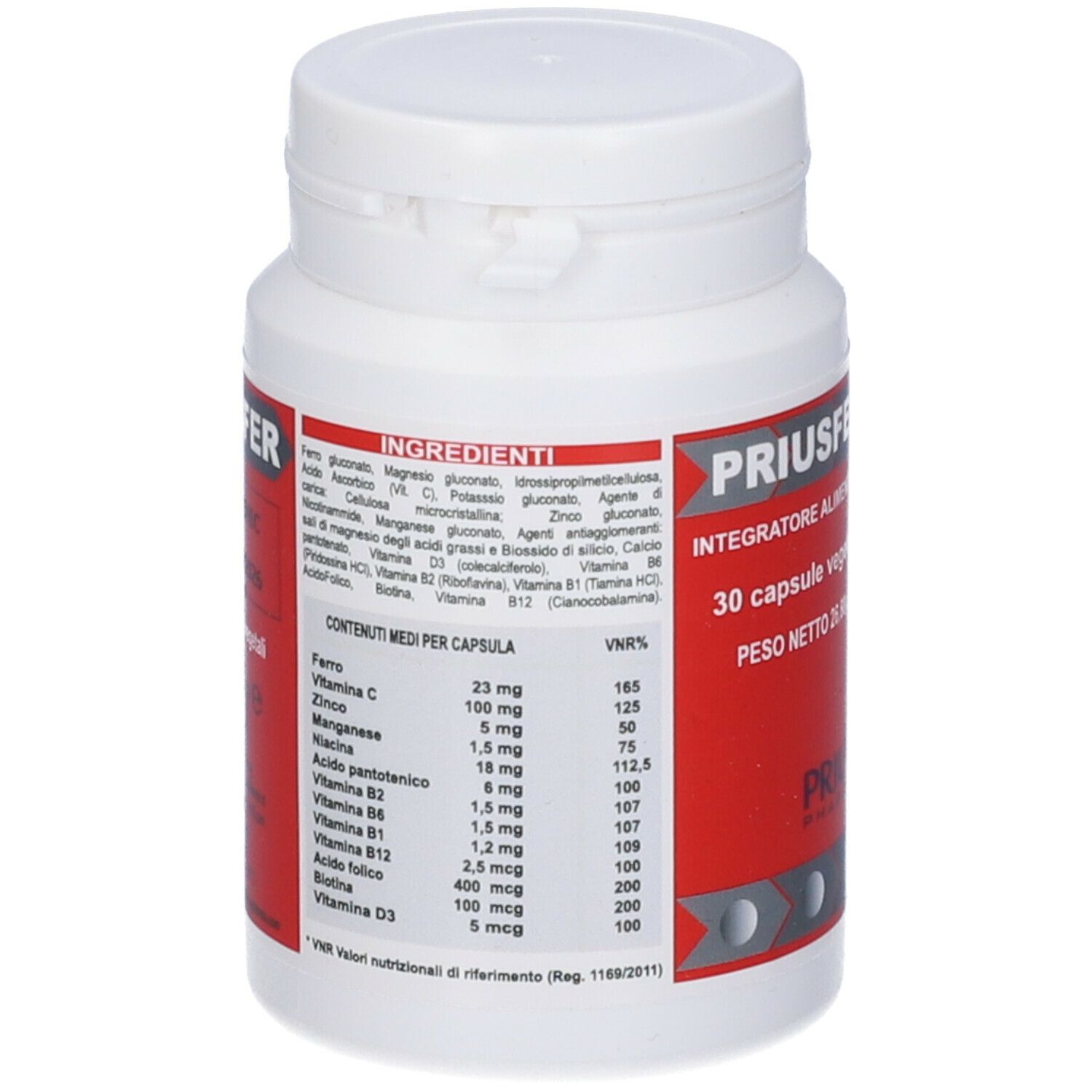 Flacone bianco con etichetta rossa. Scritta: PRIUSFER, 30 capsule. Contiene ingredienti e informazioni nutrizionali.