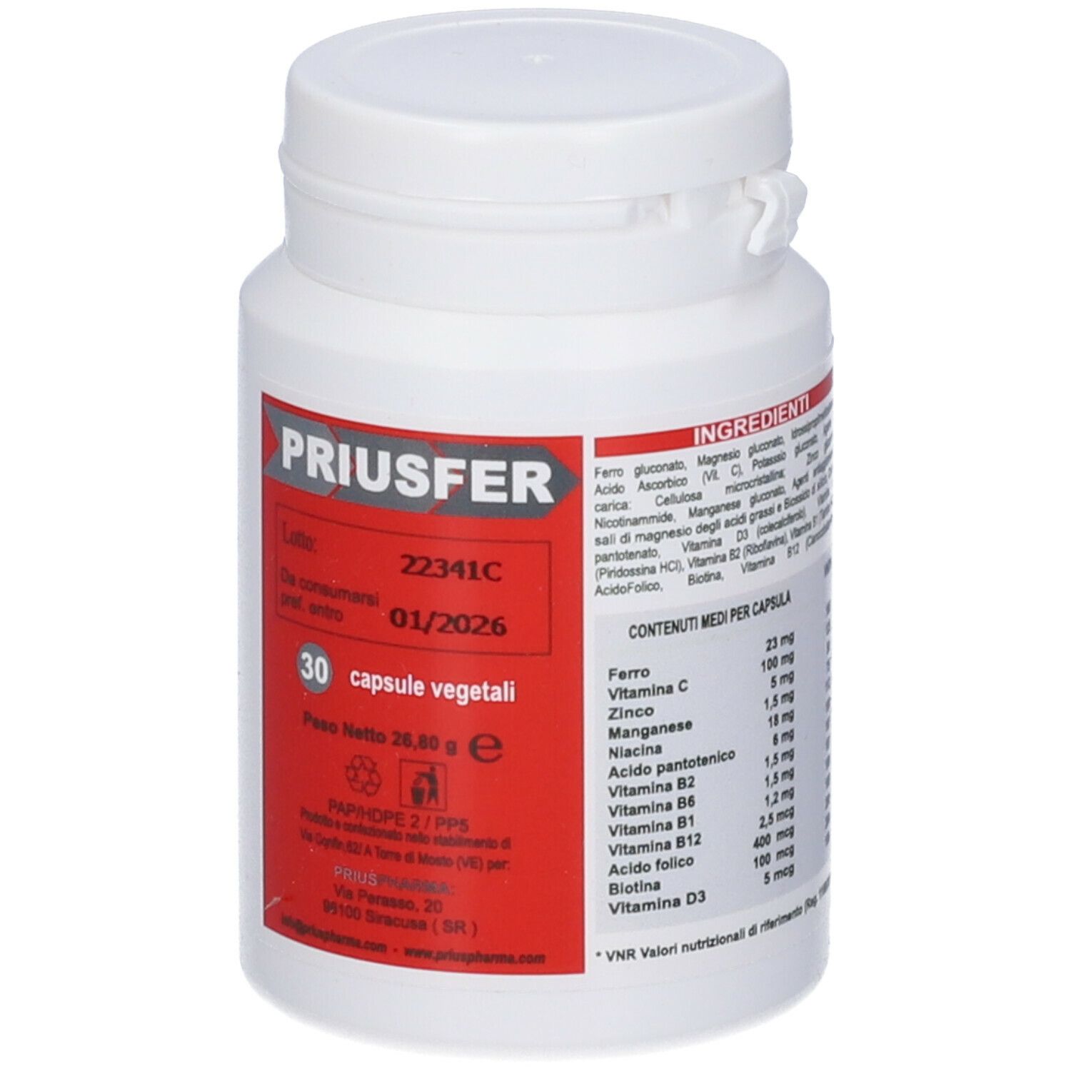 Flacone bianco con etichetta rossa. Scritta: PRIUSFER, 30 capsule. Contiene ingredienti e data di scadenza.