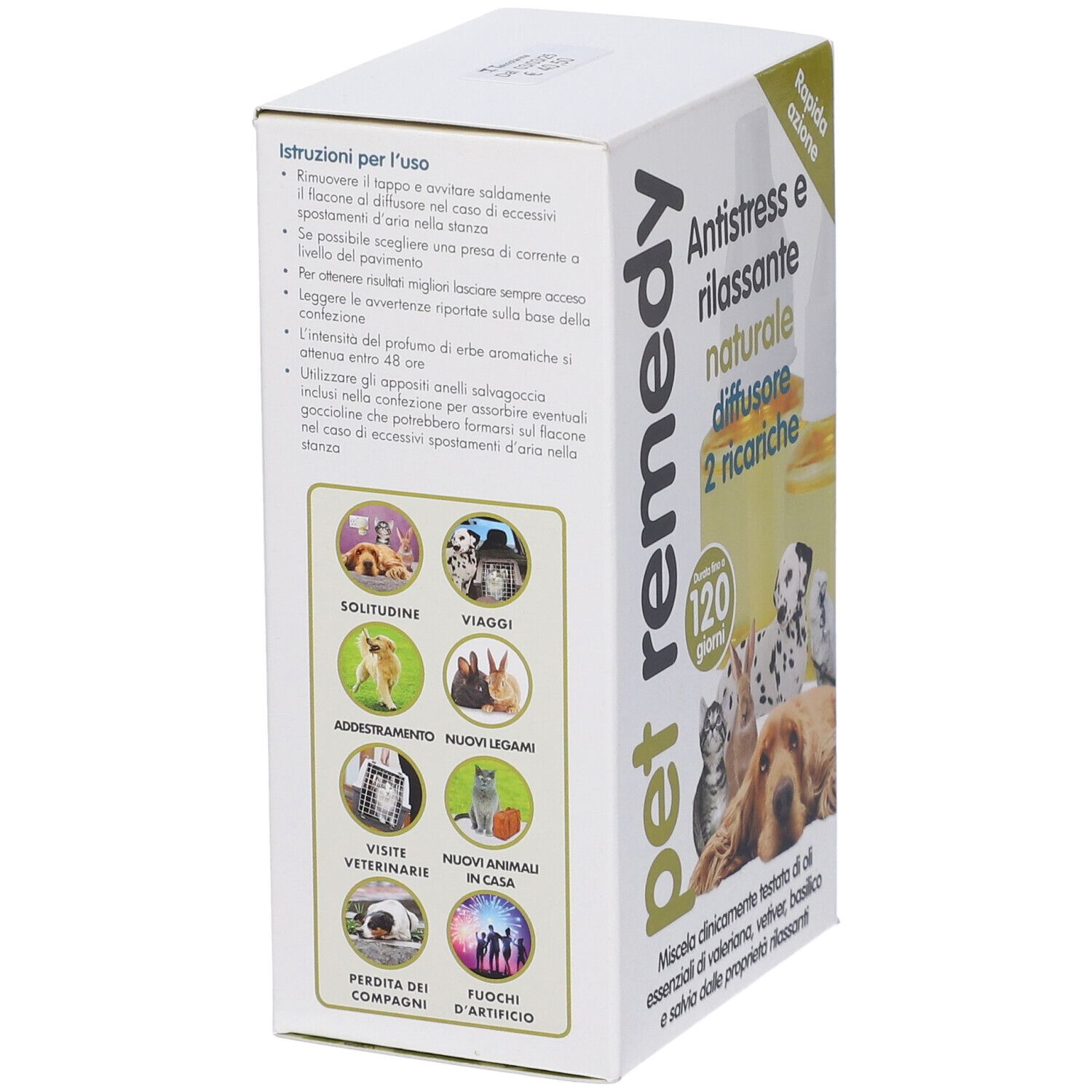 Confezione Pet Remedy. Testo: Antistress e rilassante naturale, 2 ricariche. Illustrazioni di animali e icone. Vista laterale.