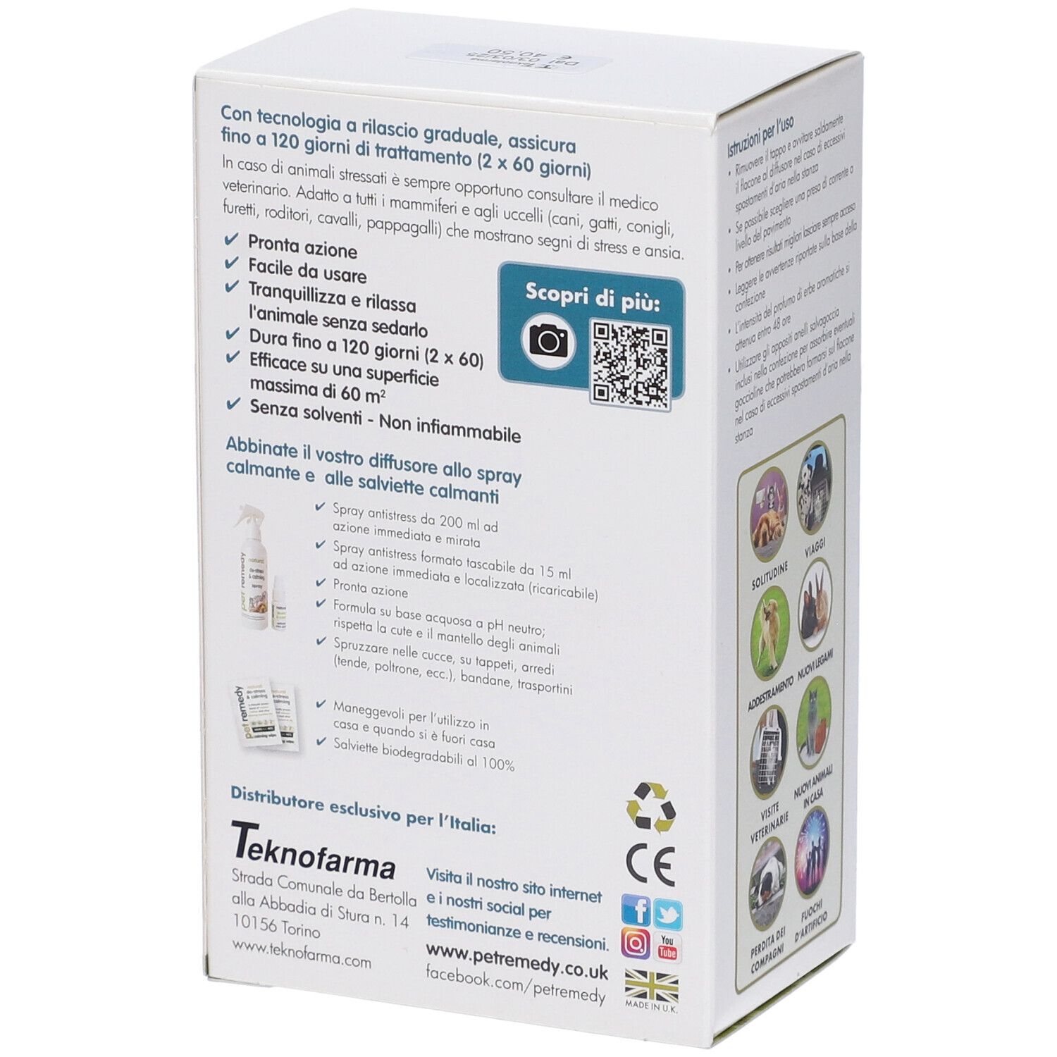 Retro della confezione con testo e codice QR. Testo: Trattamento 120 giorni. Informazioni produttore e marchio CE.