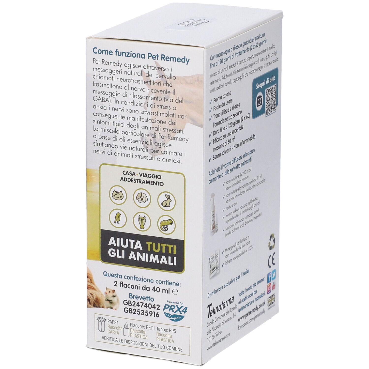 Retro della confezione con testo e illustrazioni. Testo: 2 flaconi da 40 ml. Informazioni produttore e marchio CE.