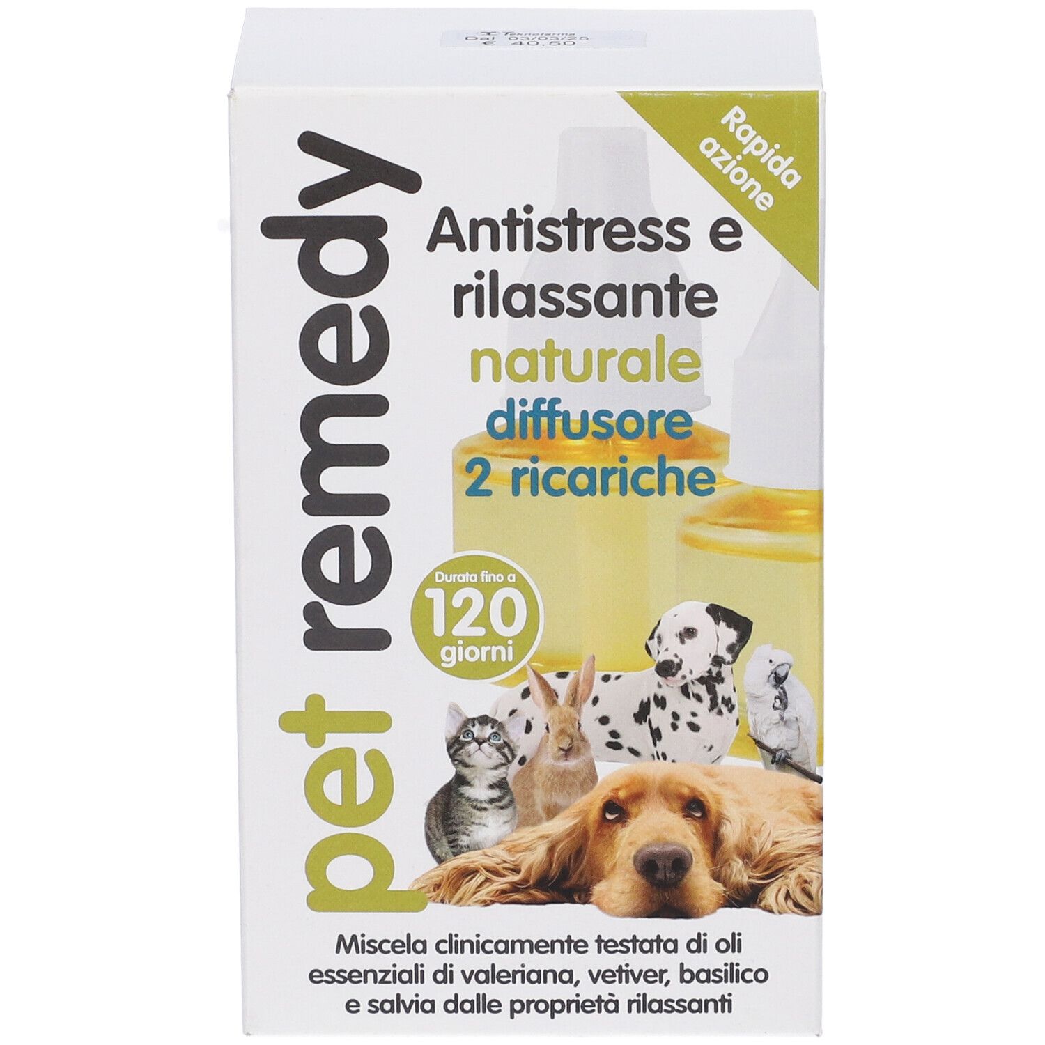 Confezione Pet Remedy. Testo: Antistress e rilassante naturale, diffusore 2 ricariche. Durata 120 giorni. Immagine di animali.