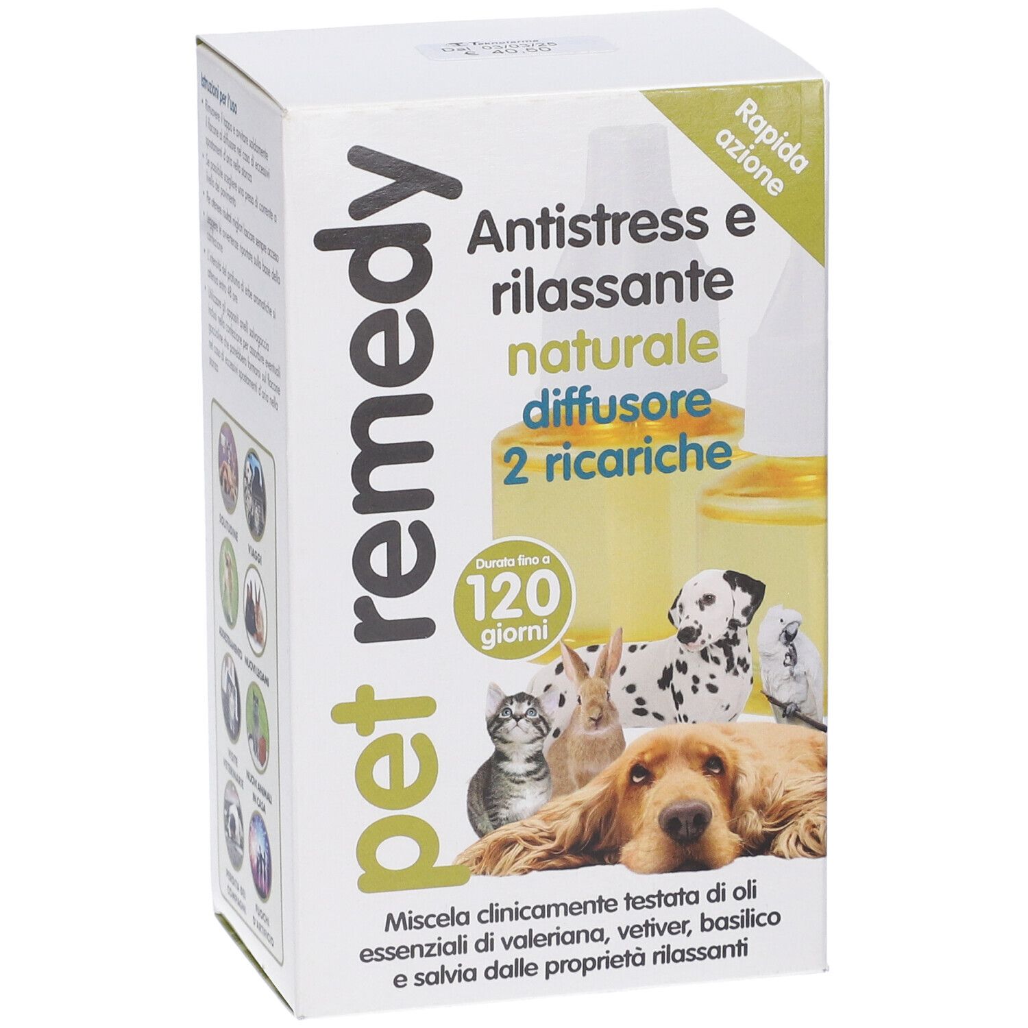 Confezione Pet Remedy. Testo: Antistress e rilassante naturale, diffusore 2 ricariche. Durata 120 giorni. Immagine di animali.