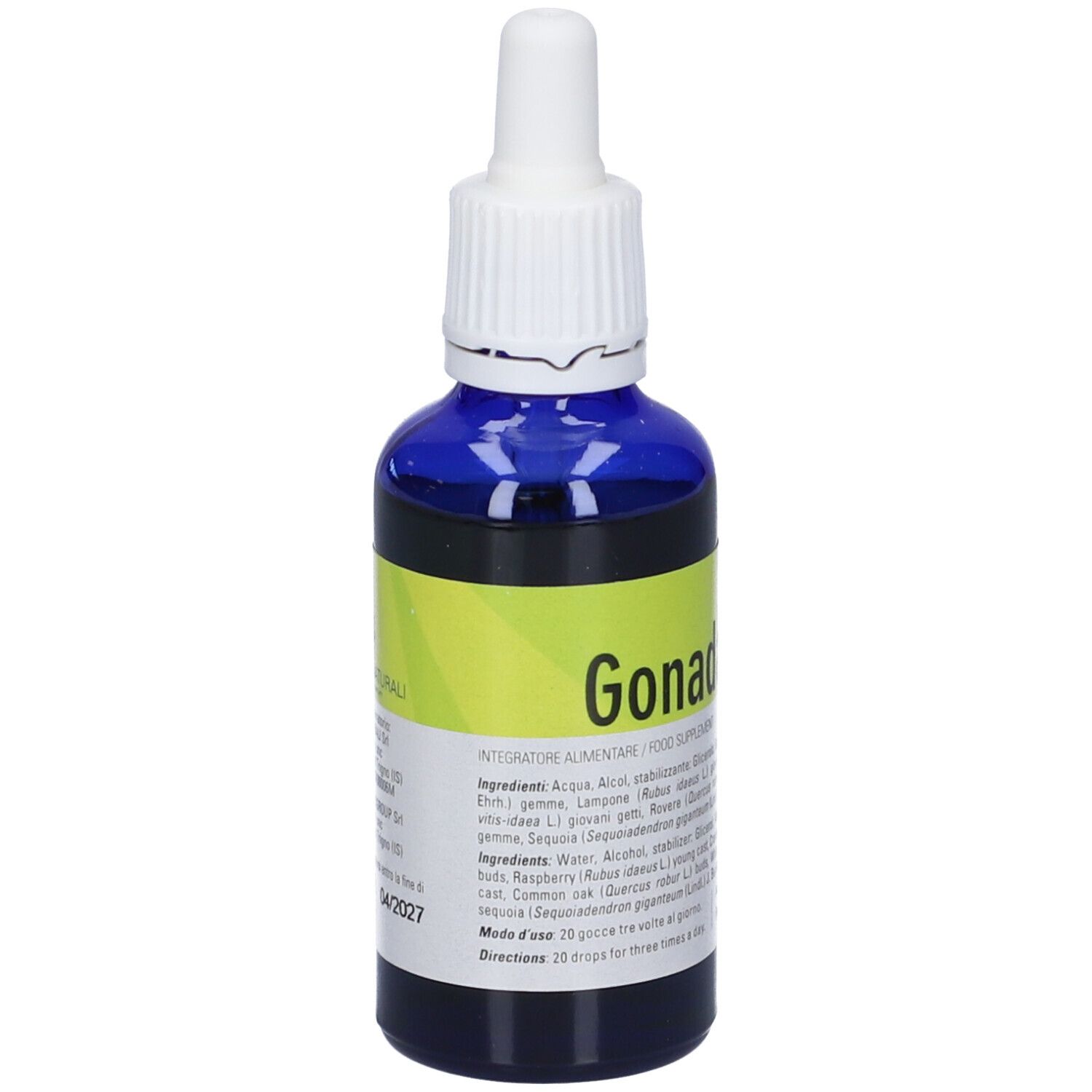 Flacone di vetro blu con contagocce bianco. Scritta Gonadage. Etichetta gialla con ingredienti. Flacone da 50 ml.