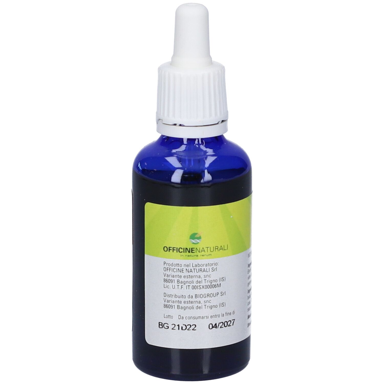 Flacone di vetro blu con contagocce bianco. Scritta Officine Naturali. Etichetta gialla con ingredienti. Flacone da 50 ml.