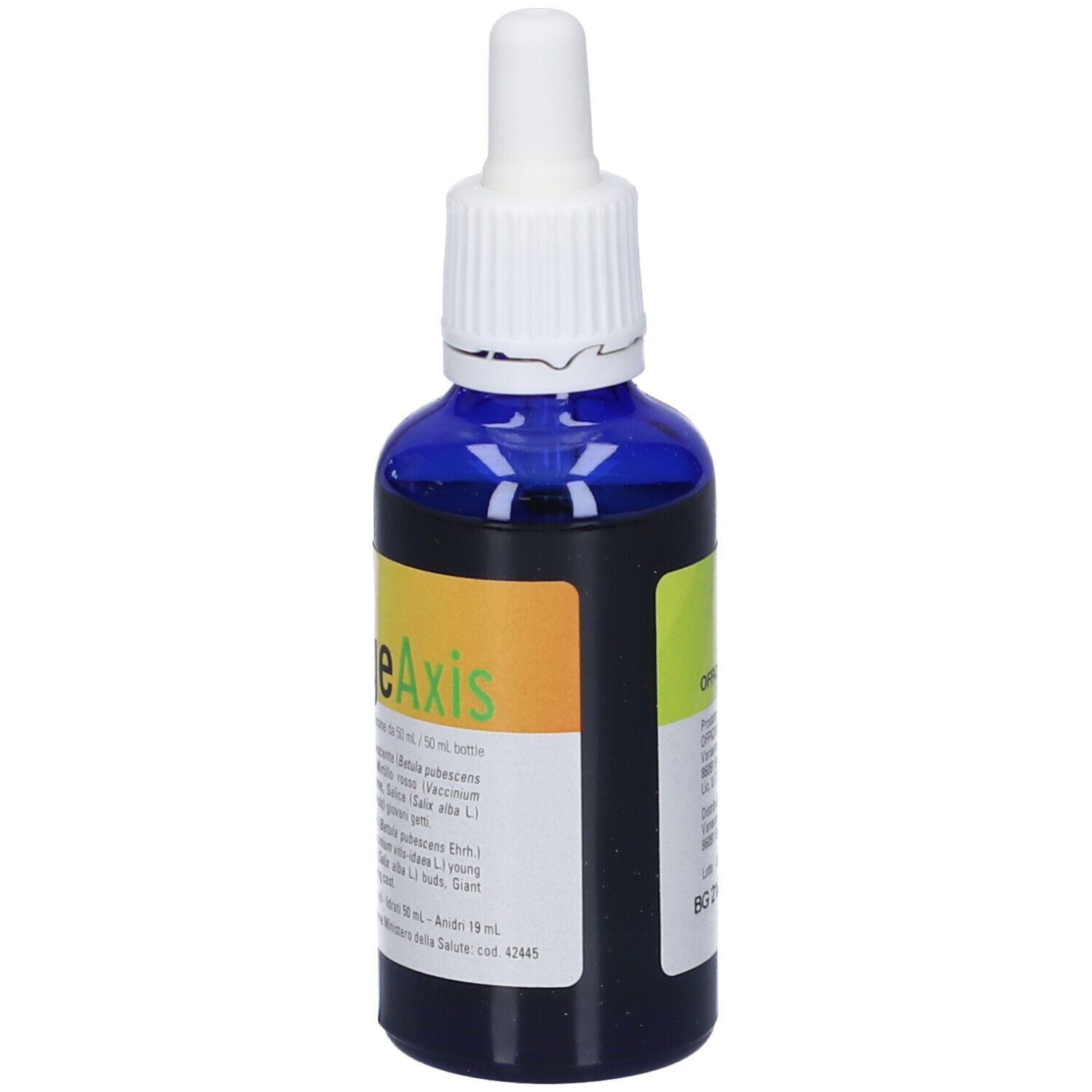 Flacone di vetro blu con contagocce bianco. Scritta Gonadage Axis. Etichetta gialla con ingredienti. Flacone da 50 ml.