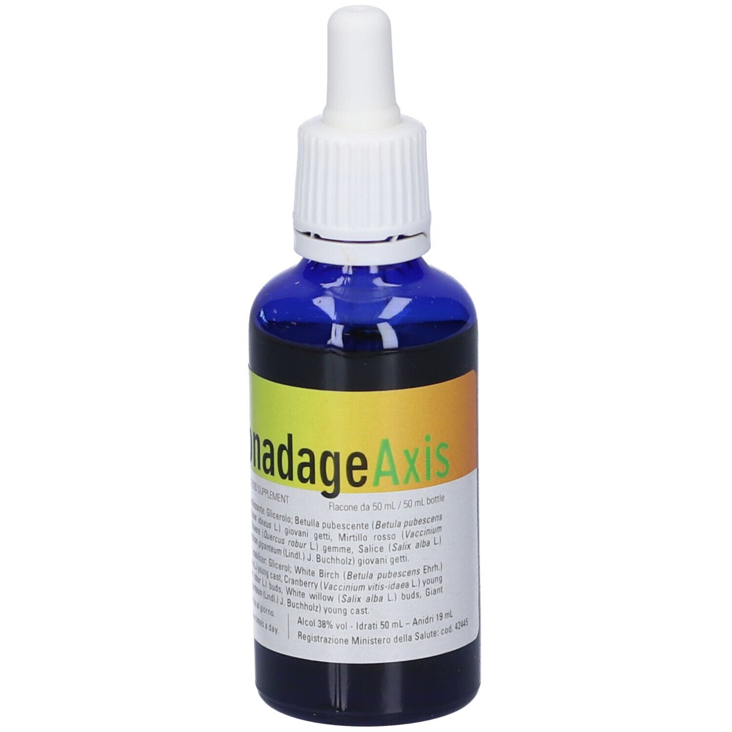 Flacone di vetro blu con contagocce bianco. Scritta Gonadage Axis. Etichetta gialla con ingredienti. Flacone da 50 ml.