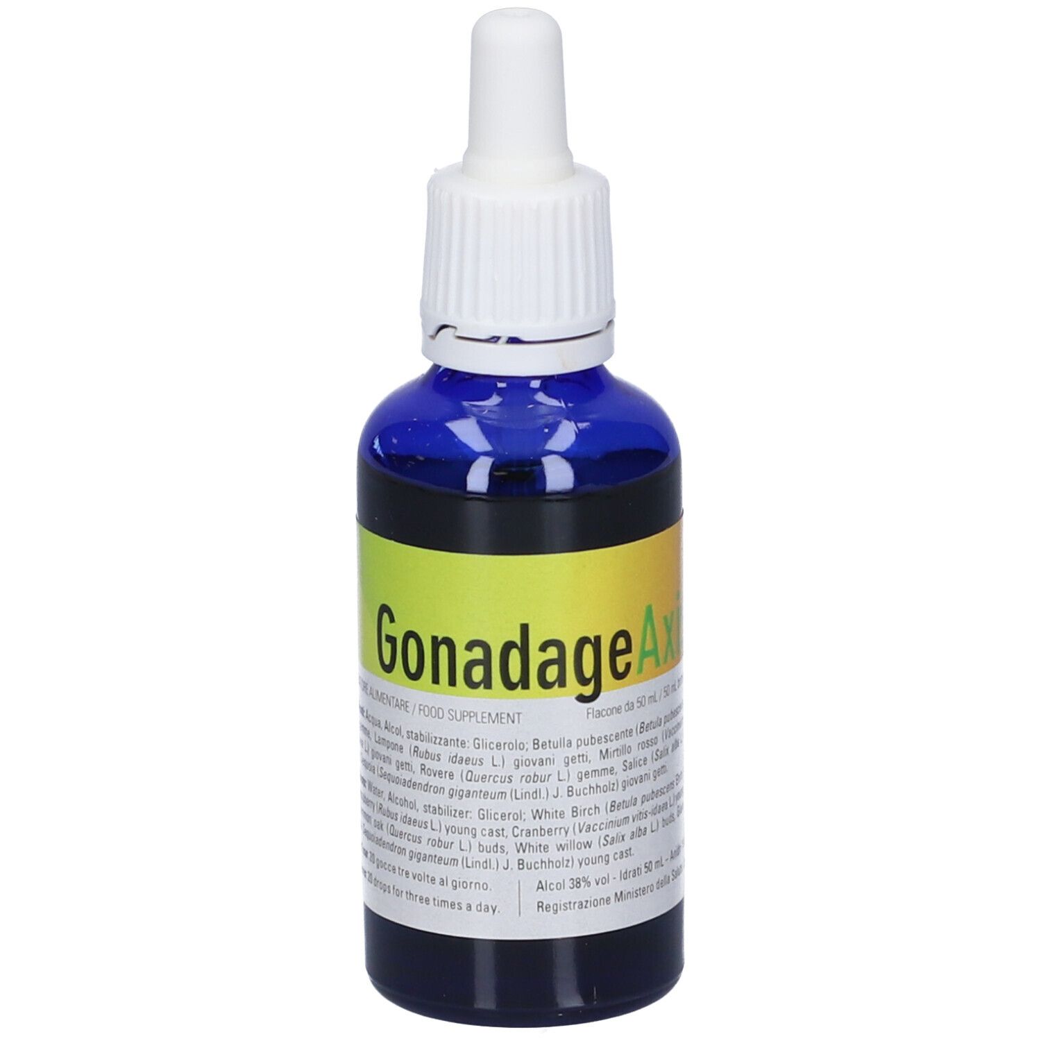 Flacone di vetro blu con contagocce bianco. Scritta Gonadage Axis. Etichetta gialla con ingredienti. Flacone da 50 ml.