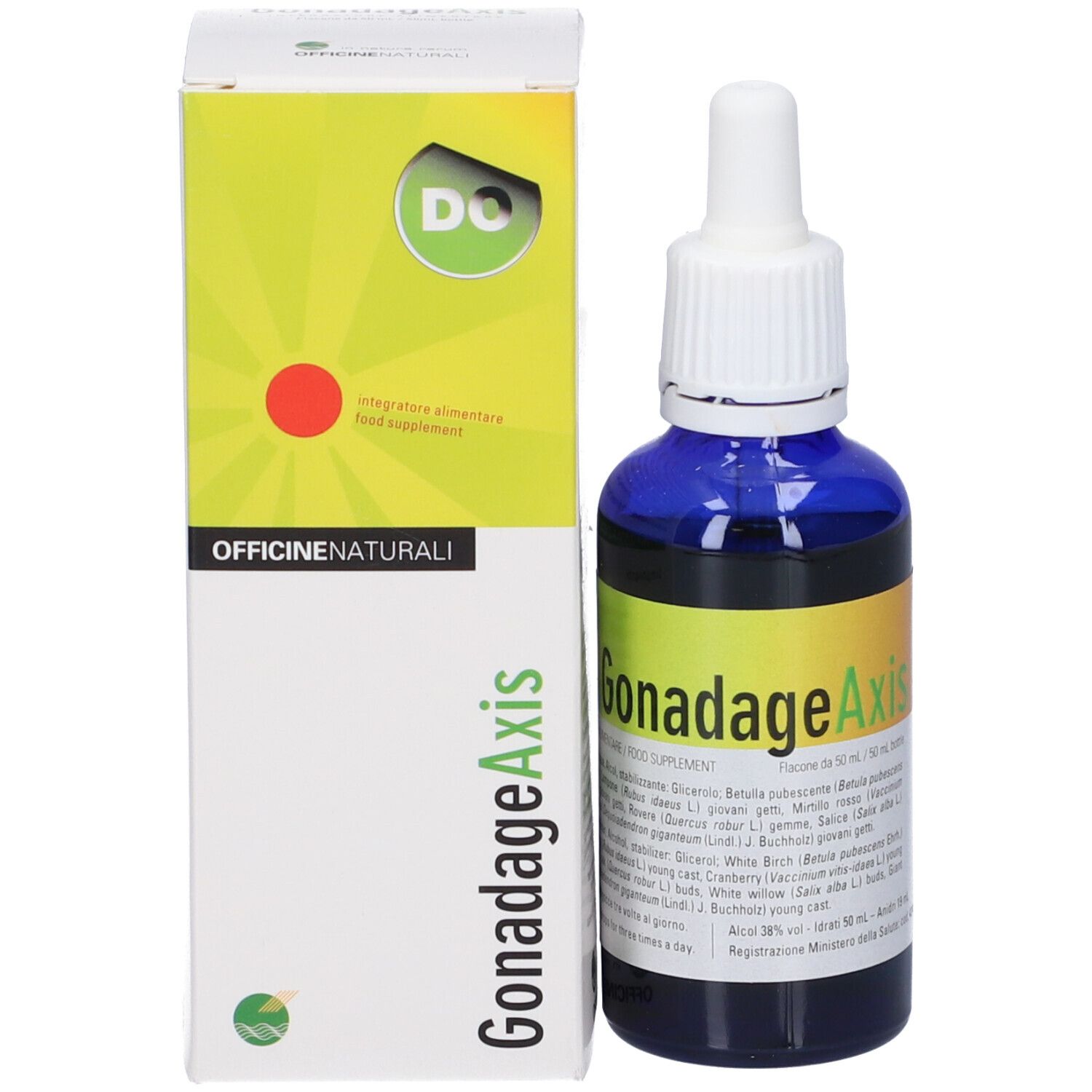 Flacone blu con contagocce bianco e confezione. Scritta Gonadage Axis. Etichetta gialla con ingredienti. 50 ml.