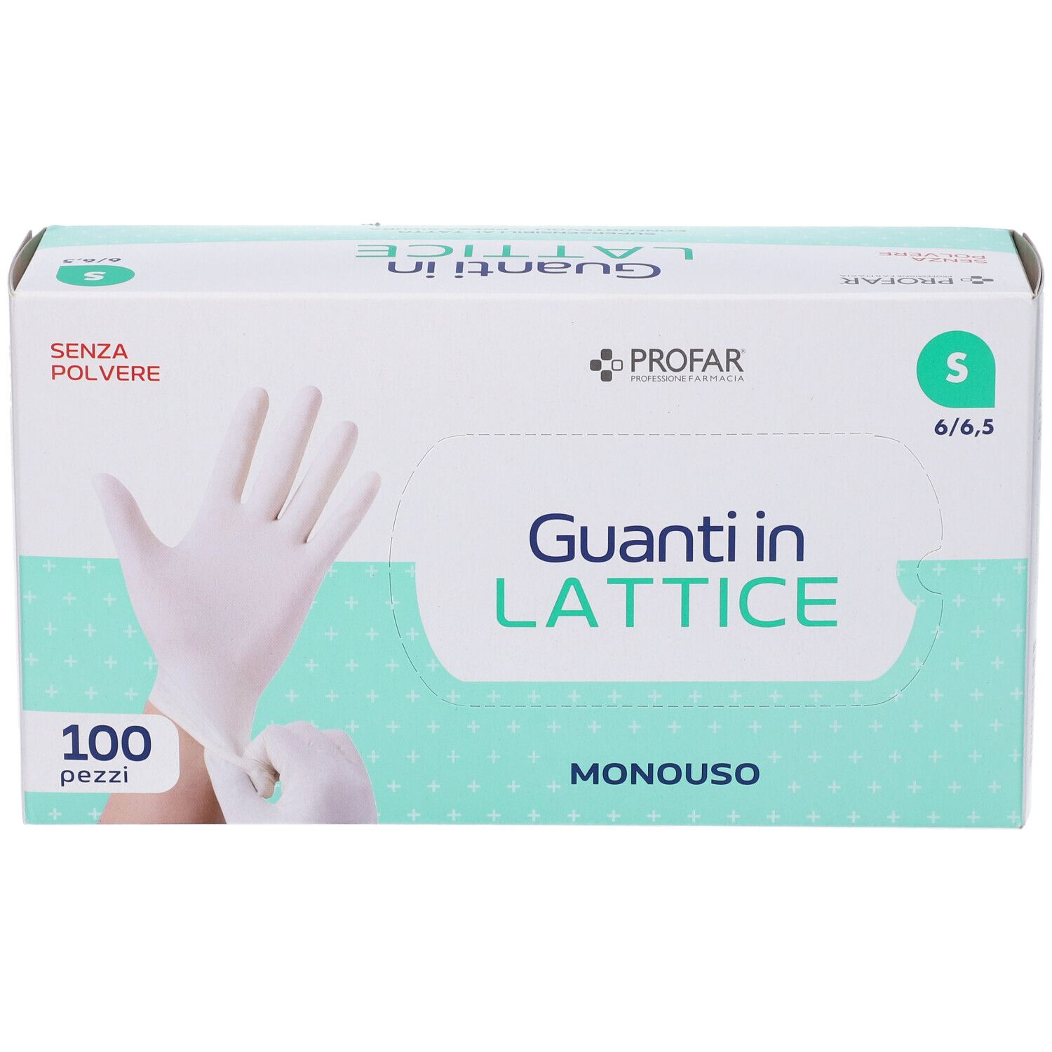 Fronte di una confezione guanti monouso Profar, taglia S, senza polvere, 100 pezzi.
