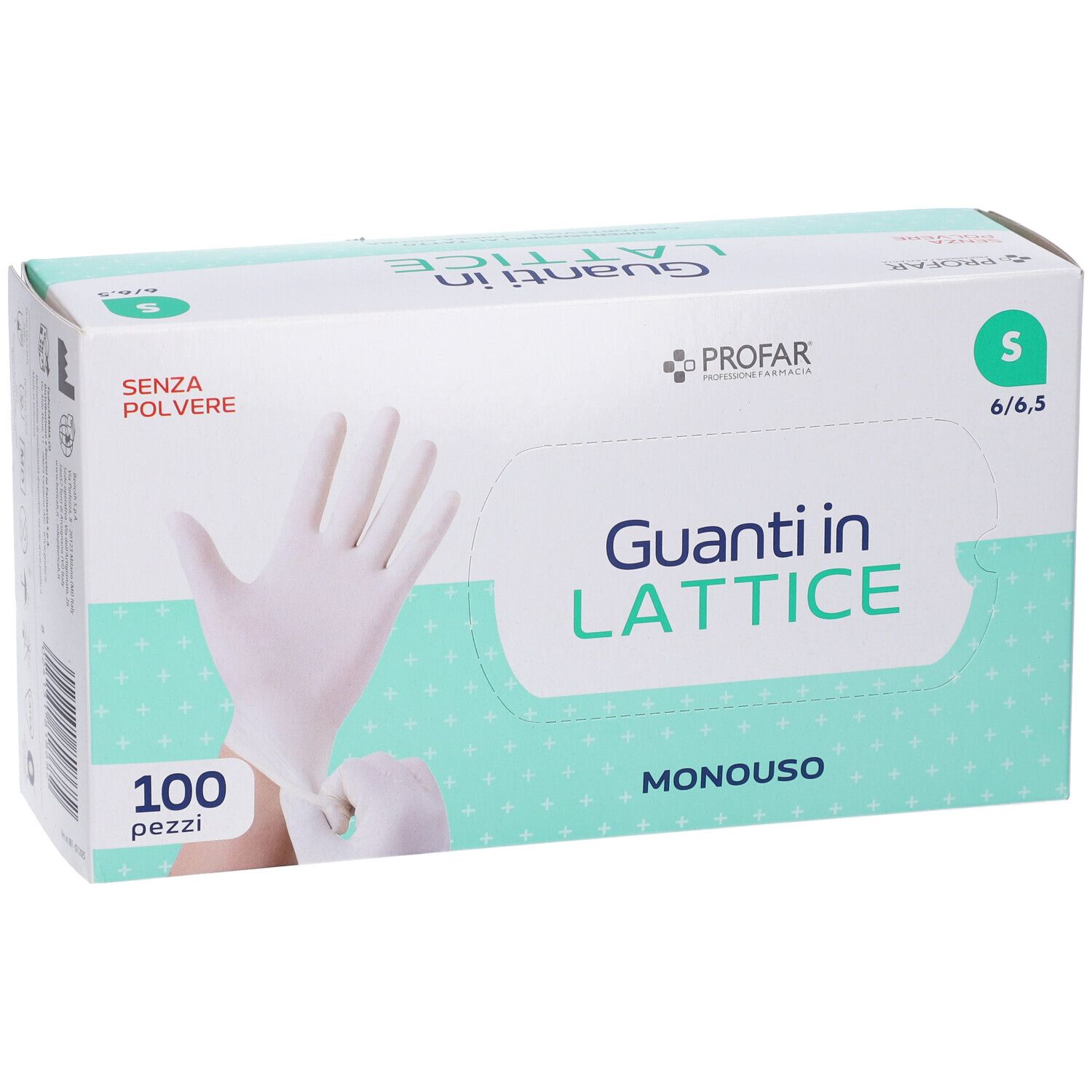 Confezione guanti monouso Profar in lattice, taglia S, senza polvere, 100 pezzi.