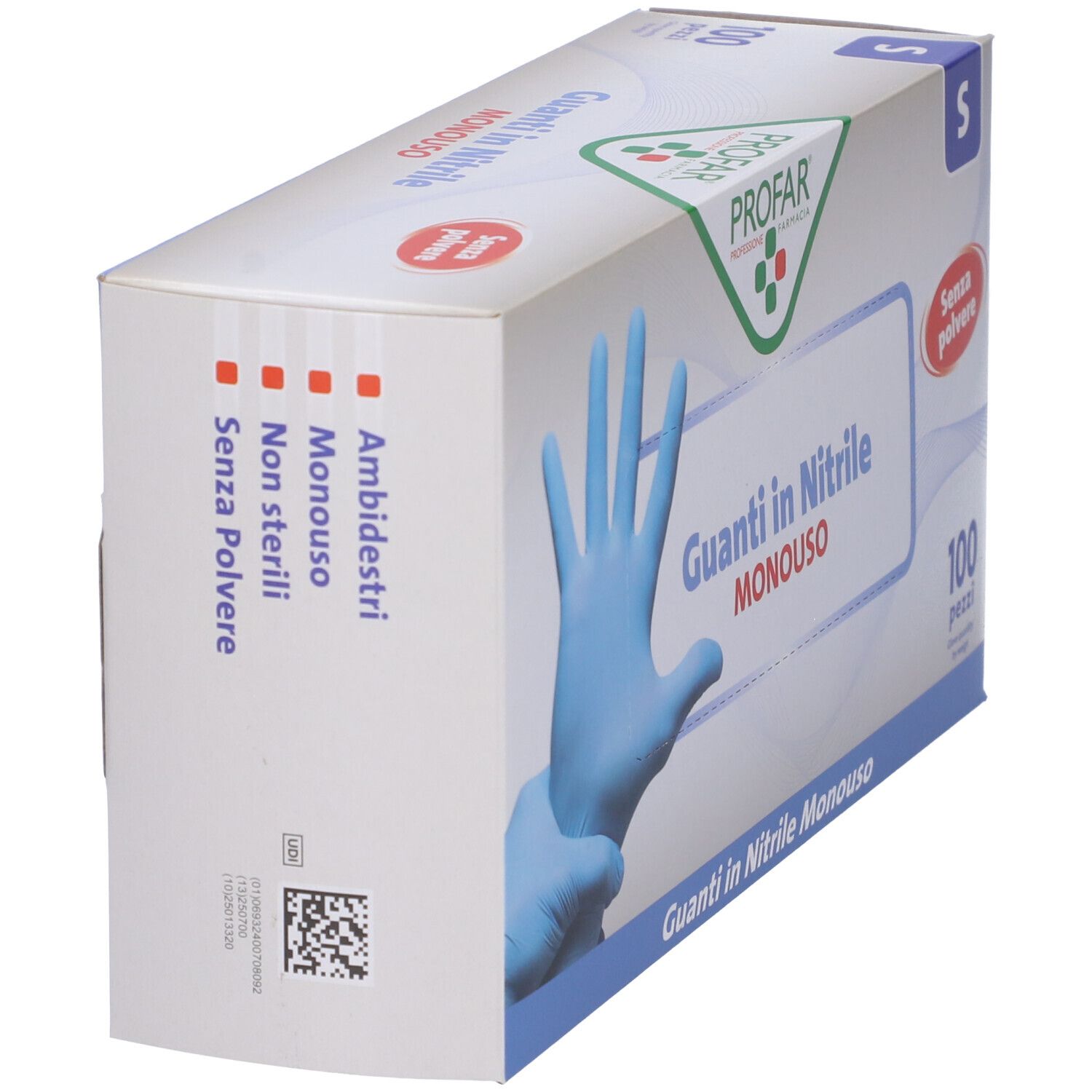 Scatola di guanti in nitrile blu. Scritto: PROFAR, Guanti in Nitrile, senza polvere, taglia S. Vista laterale.