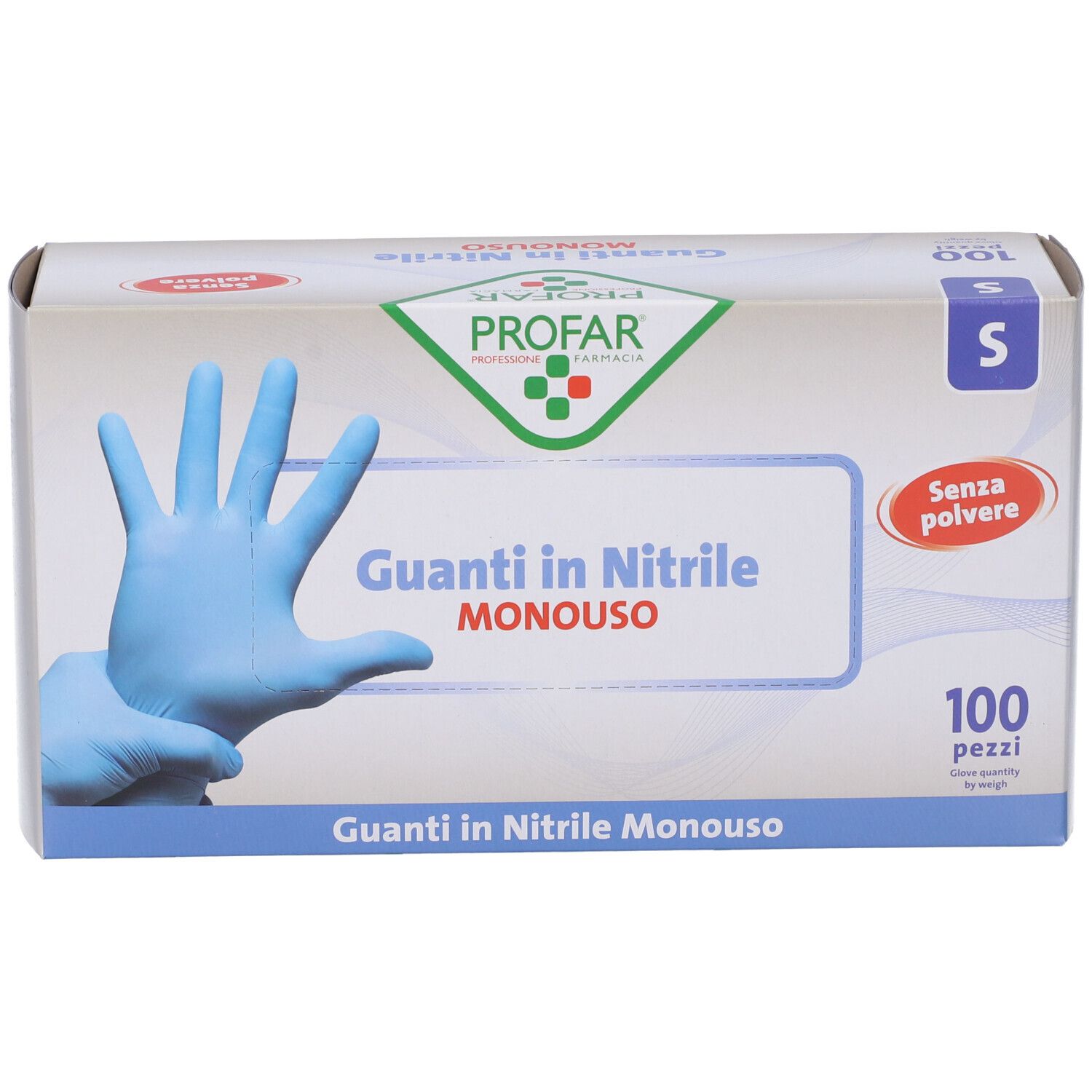 Scatola di guanti in nitrile blu. Scritto: PROFAR, Guanti in Nitrile, senza polvere, 100 pezzi, taglia S.