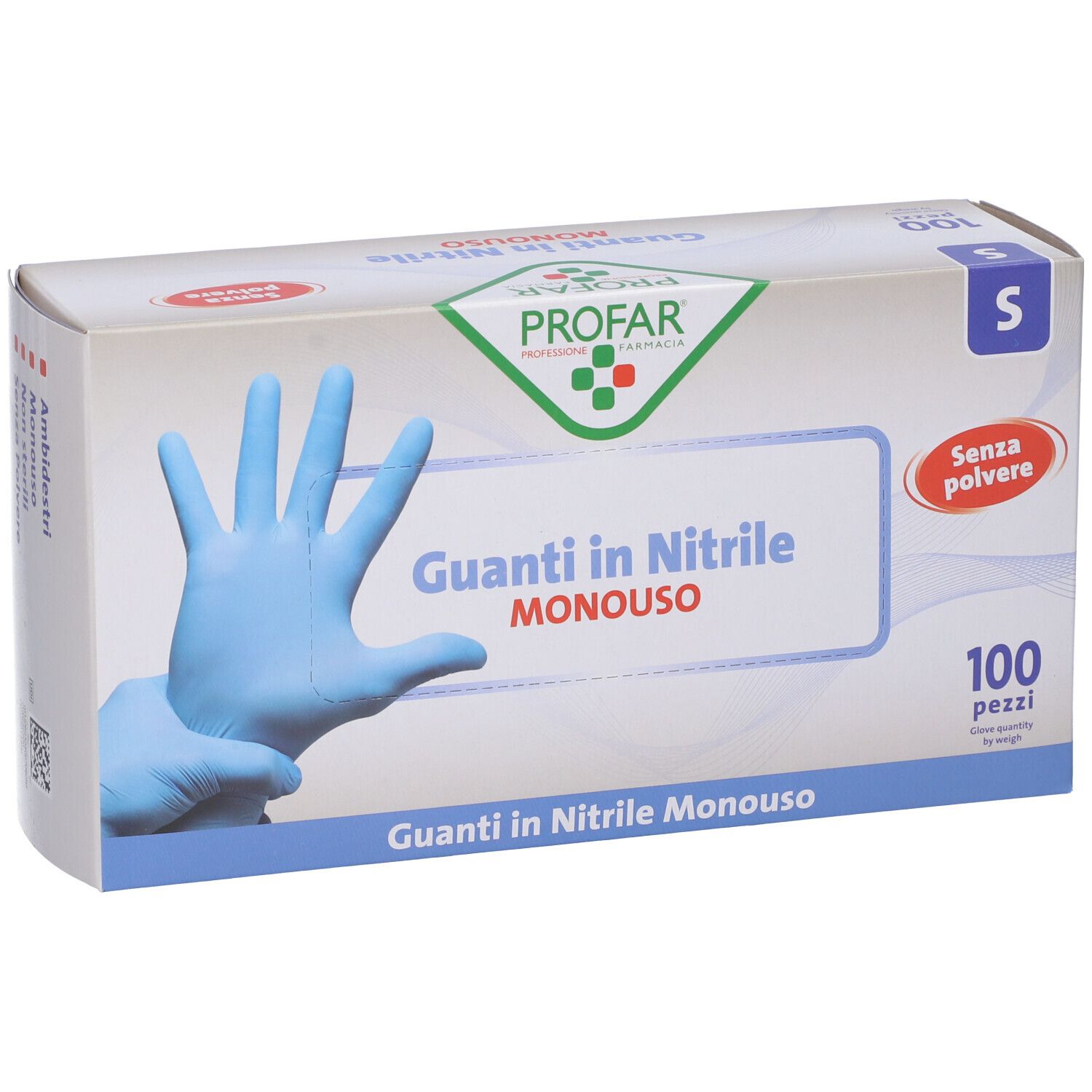 Scatola di guanti in nitrile blu. Scritto: PROFAR, Guanti in Nitrile, senza polvere, 100 pezzi, taglia S.