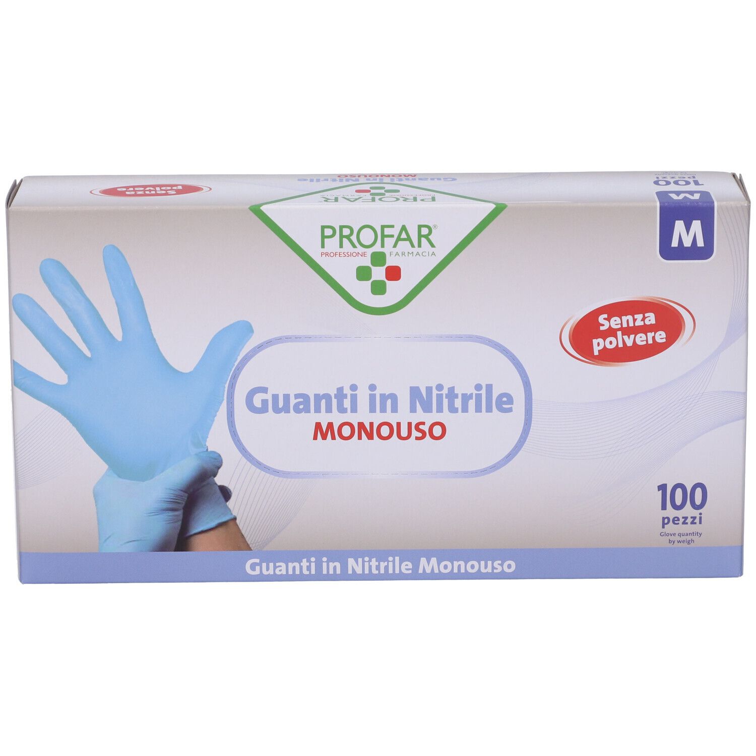 Scatola di guanti in nitrile blu, taglia M, senza polvere. 100 pezzi. Marchio PROFAR.