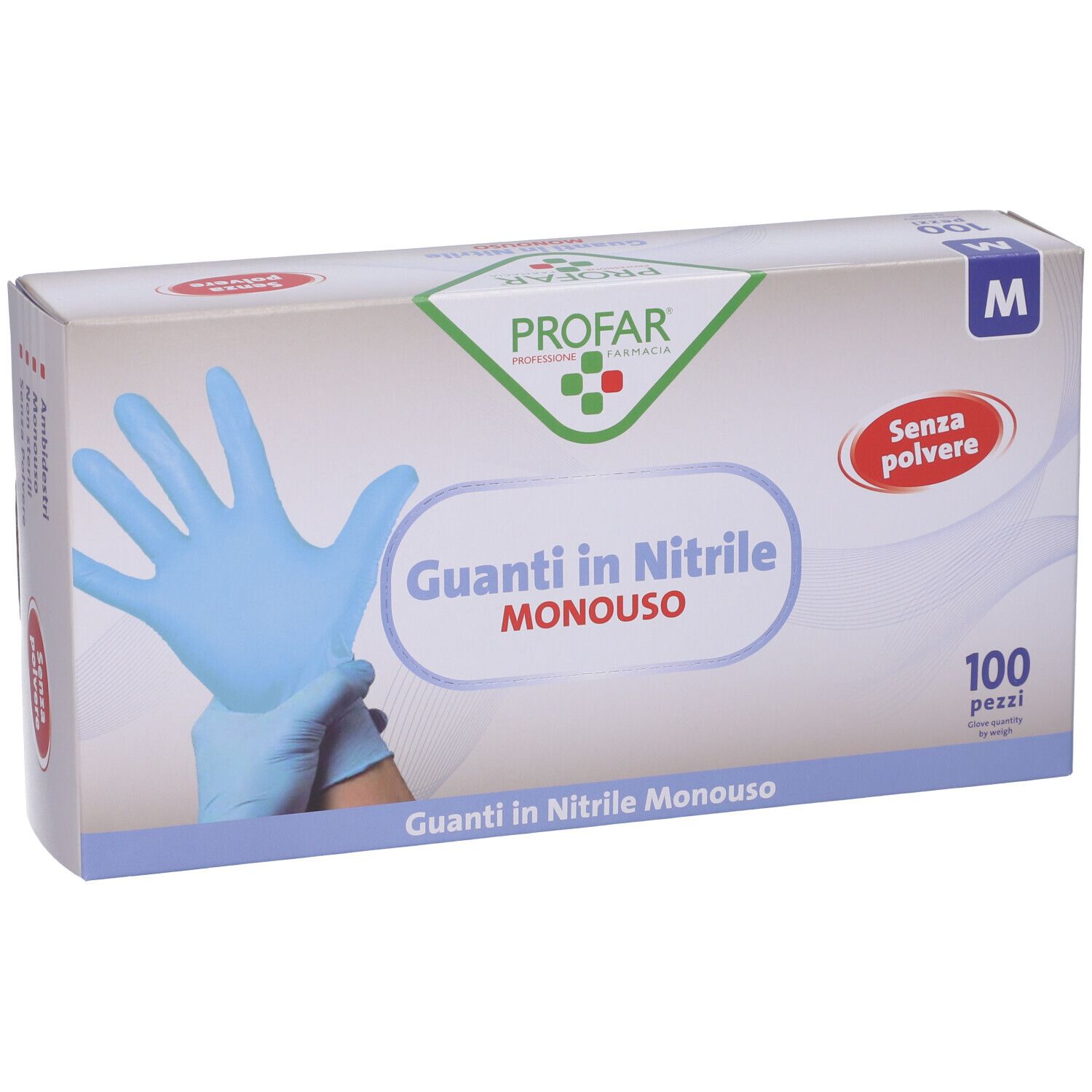 Scatola di guanti in nitrile blu, taglia M, senza polvere. 100 pezzi. Marchio PROFAR.