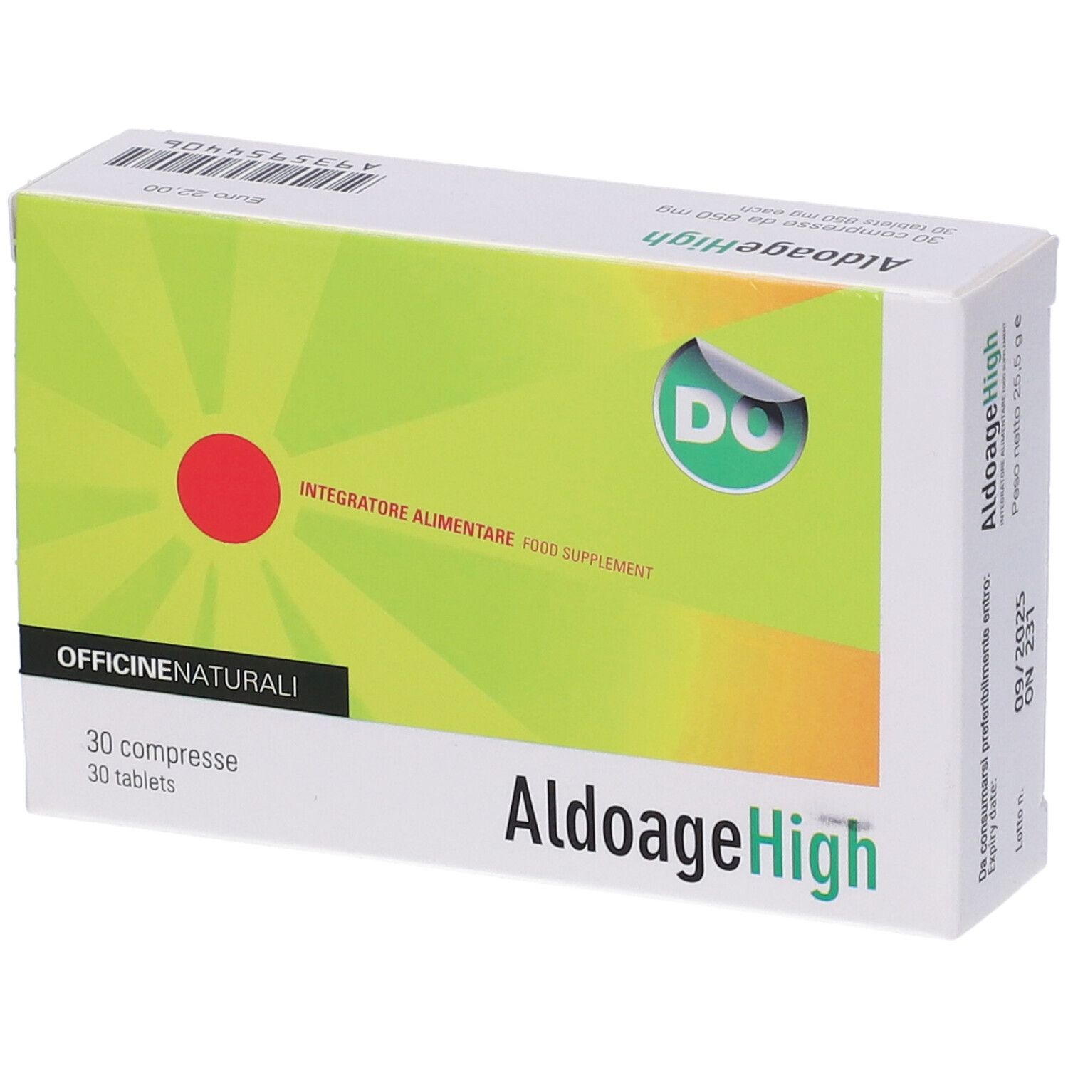 Scatola di compresse AldoageHigh. Design verde-giallo con cerchio rosso. Logo DO. 30 compresse, 850 mg.