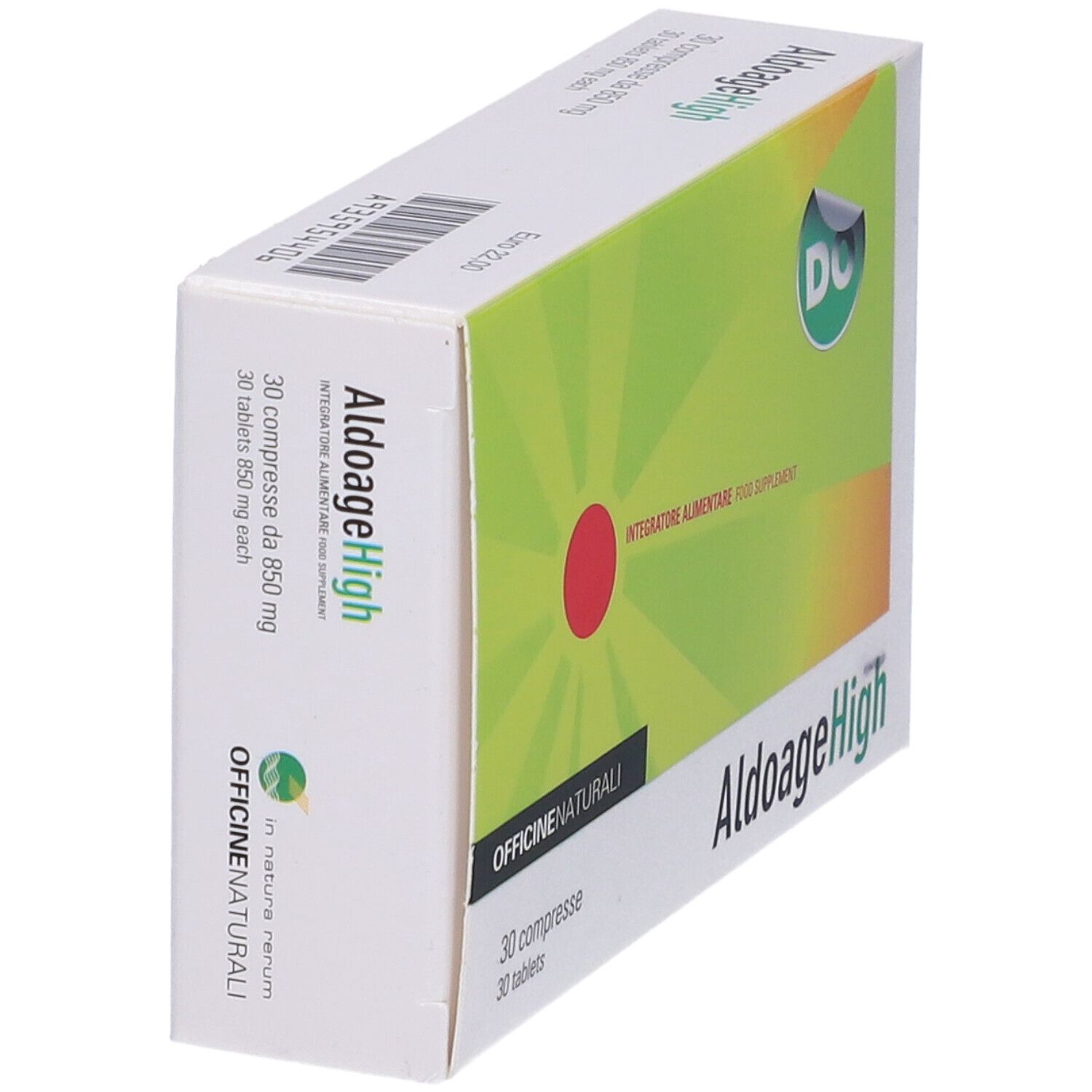 Scatola di compresse AldoageHigh. Design verde-giallo con cerchio rosso. Logo DO. 30 compresse, 850 mg.