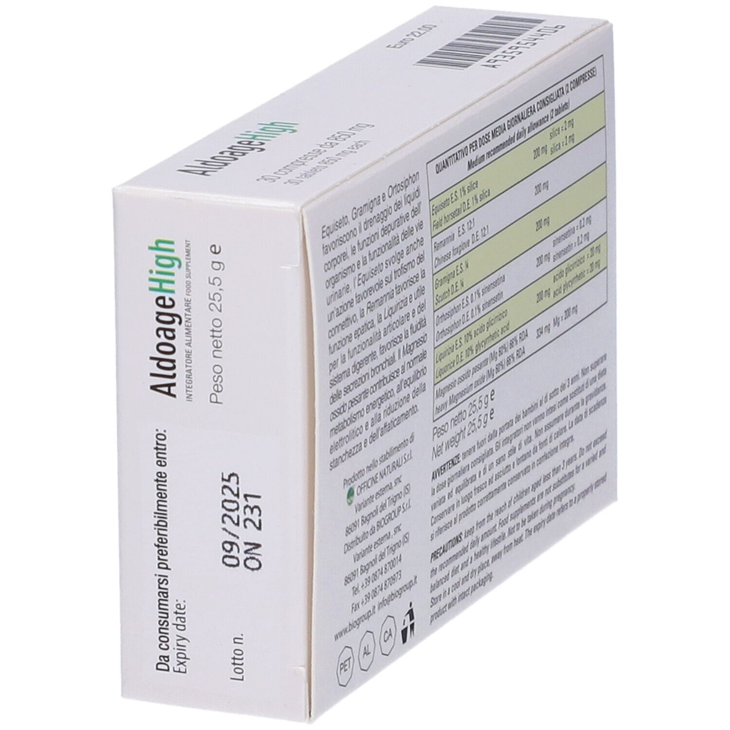 Retro della scatola di compresse AldoageHigh. Ingredienti, dosaggio, peso netto 25,5 g. Data di scadenza.