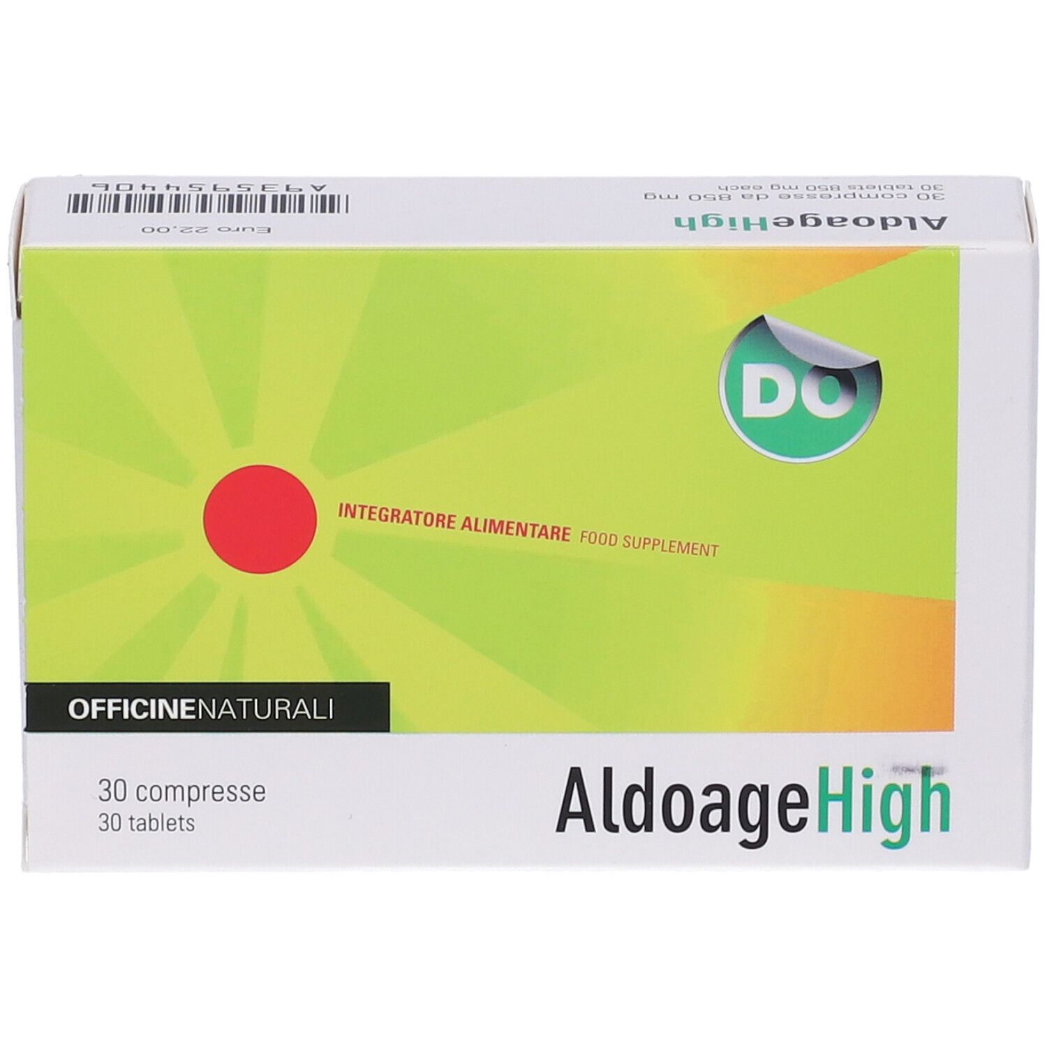 Scatola di compresse AldoageHigh. Design verde-giallo con cerchio rosso. 30 compresse, 850 mg.