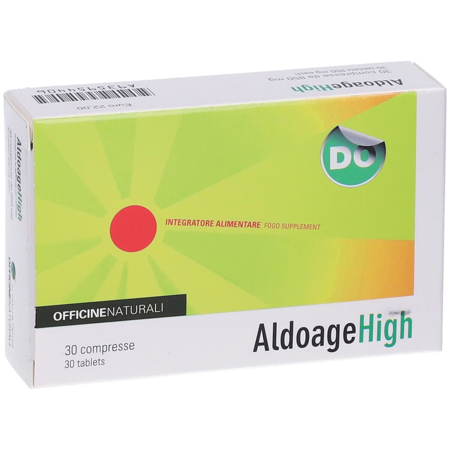 Scatola di compresse AldoageHigh. Design verde-giallo con cerchio rosso. 30 compresse, 850 mg.