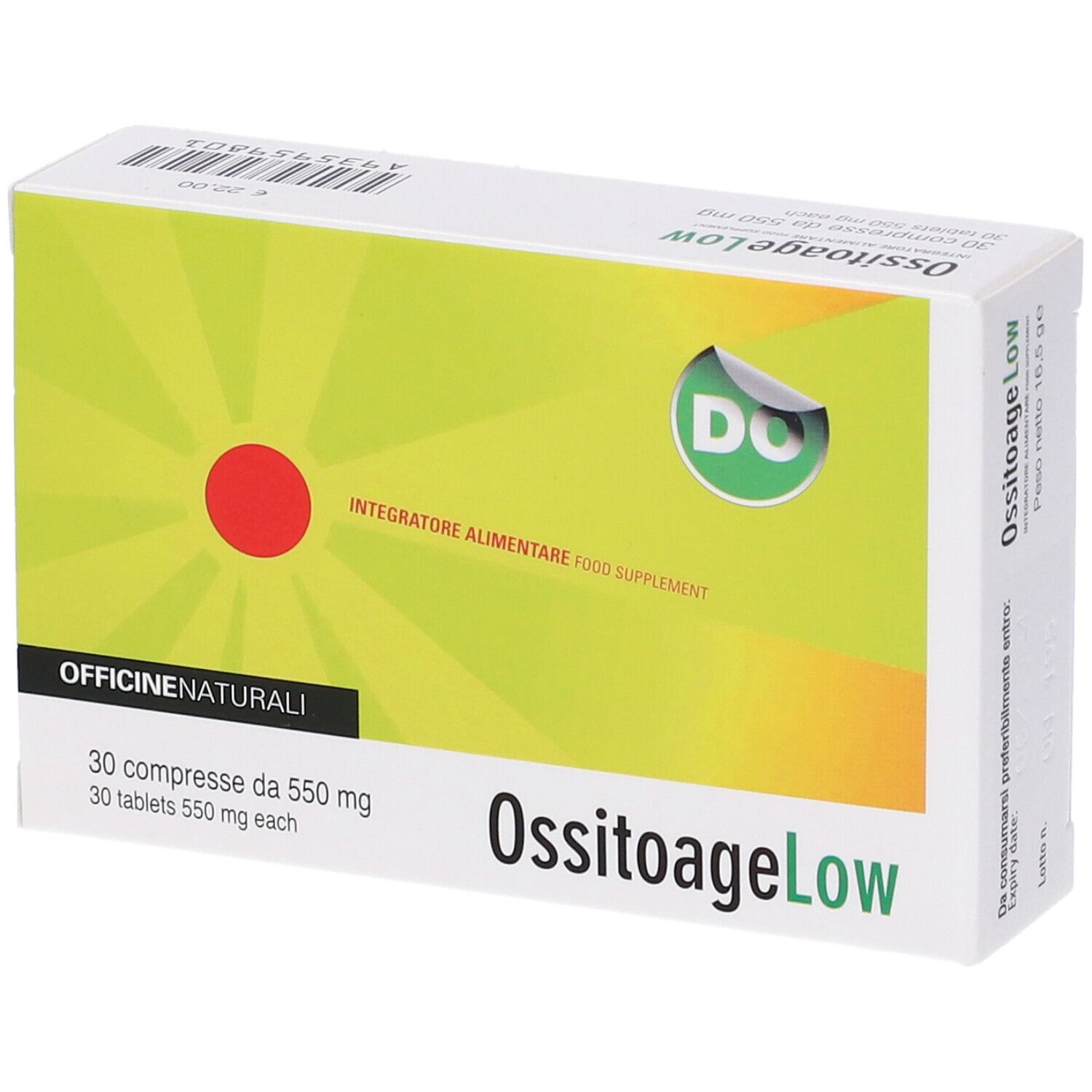 Scatola "OssitoageLow" con "30 compresse da 550 mg". Design verde-giallo, cerchio rosso e adesivo.