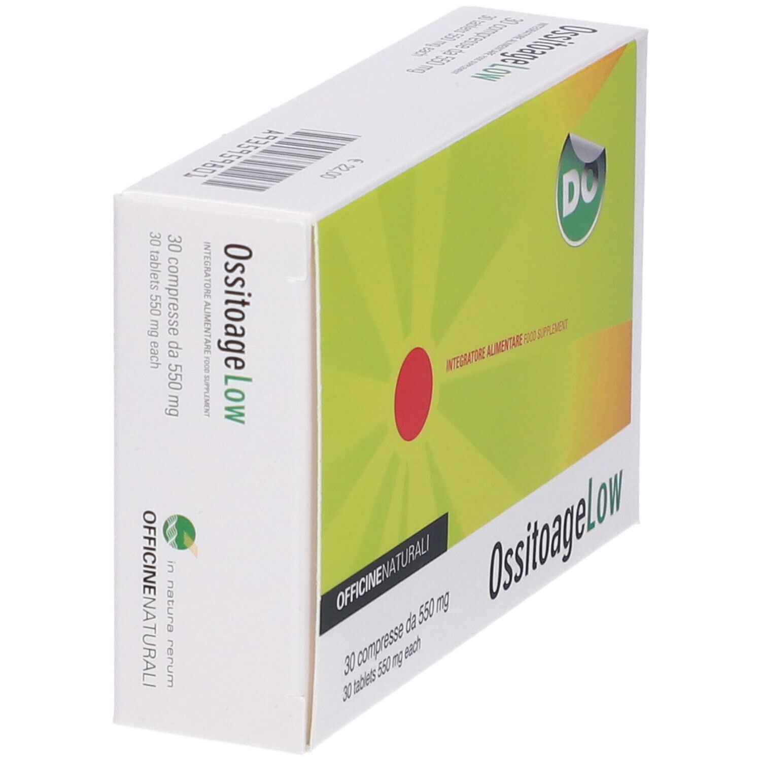 Scatola "OssitoageLow" con "30 compresse da 550 mg". Design verde-giallo, cerchio rosso, vista laterale.