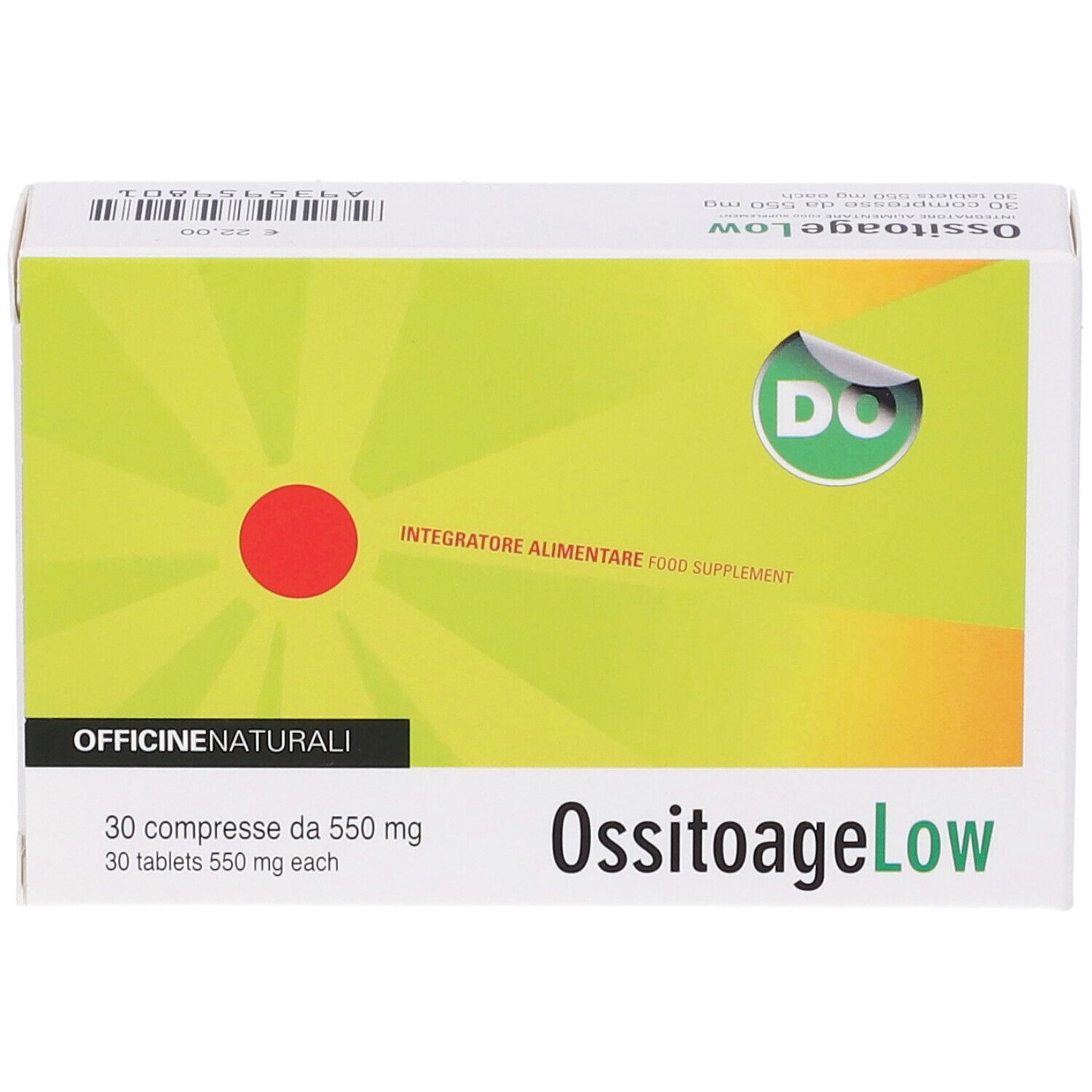 Scatola "OssitoageLow" con "30 compresse da 550 mg". Design verde-giallo con cerchio rosso.
