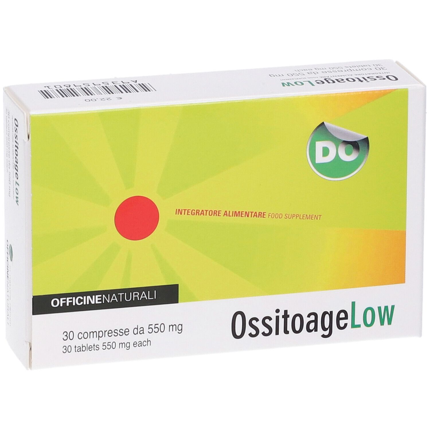 Scatola "OssitoageLow" con "30 compresse da 550 mg". Design verde-giallo con cerchio rosso.
