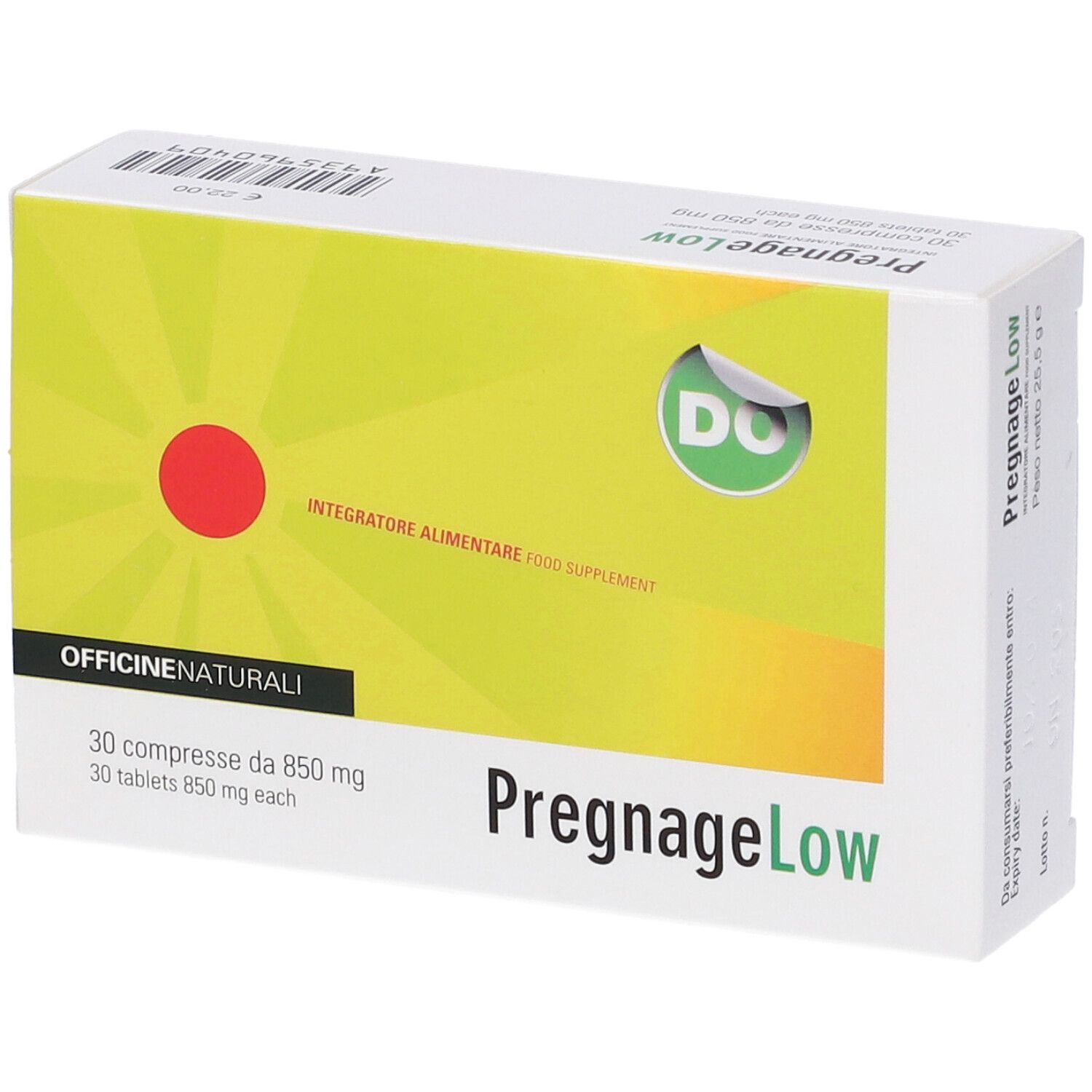Scatola di Pregnage Low. Scritta: 30 compresse, 850 mg. Sfondo verde-giallo con cerchio rosso e logo.