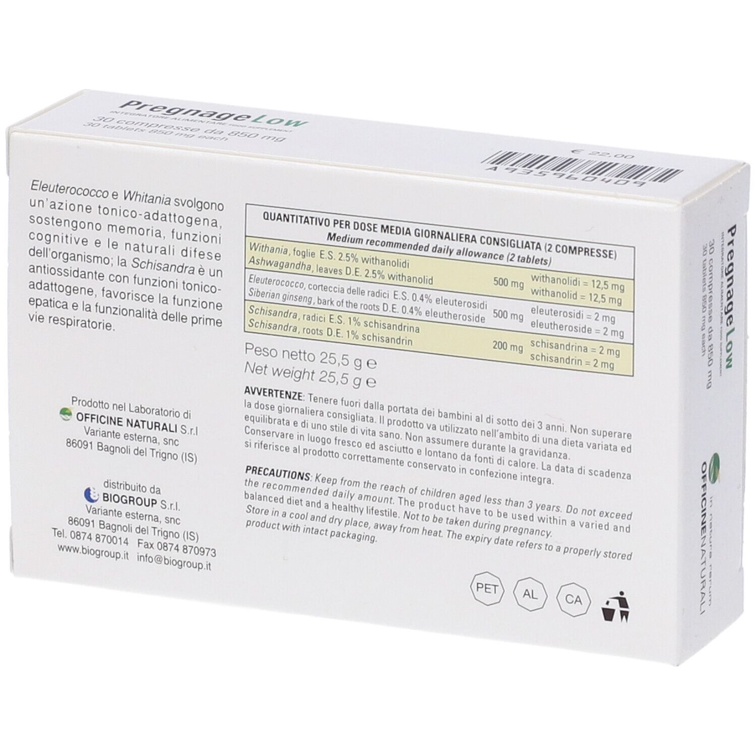 Retro della confezione Pregnage Low. Contiene informazioni su ingredienti e dosaggio. Testo in italiano.