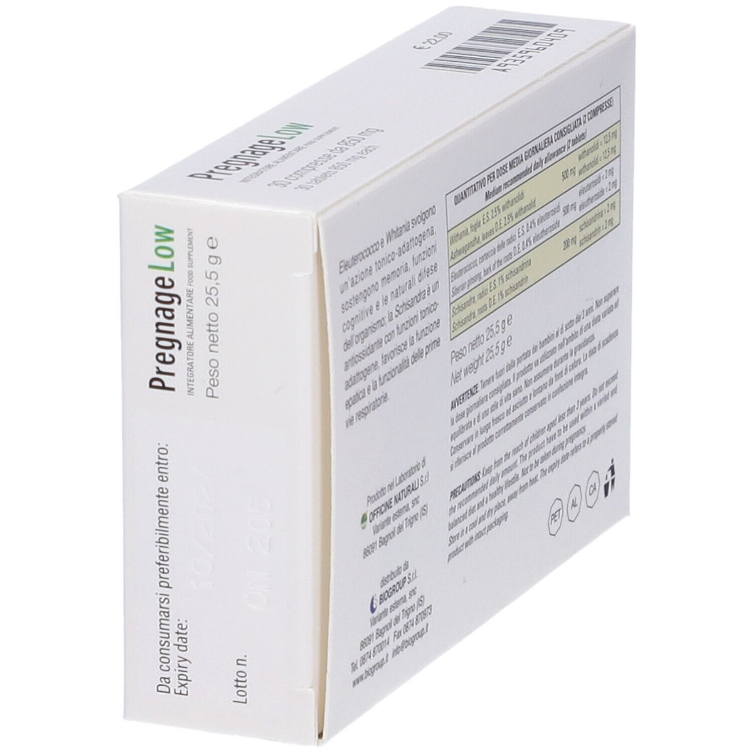 Vista laterale della confezione Pregnage Low. Contiene informazioni su ingredienti e dosaggio. Testo in italiano.
