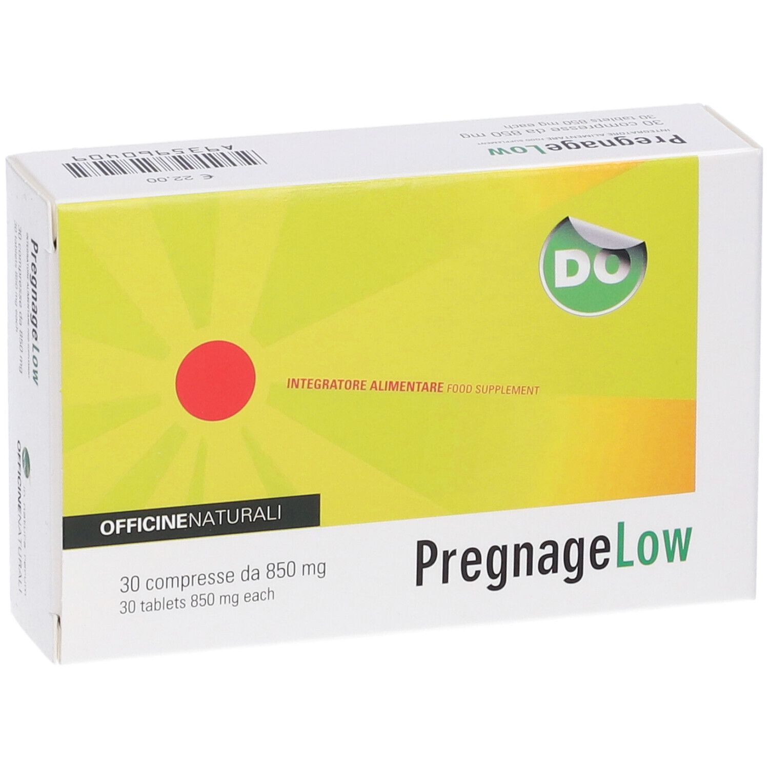 Scatola di Pregnage Low. Scritta: 30 compresse, 850 mg. Sfondo verde-giallo con cerchio rosso e logo.