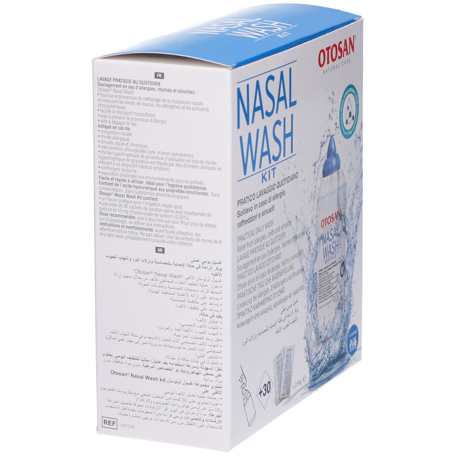 Vista laterale della confezione del kit di lavaggio nasale. Testo multilingue. Logo e nome del prodotto visibili.