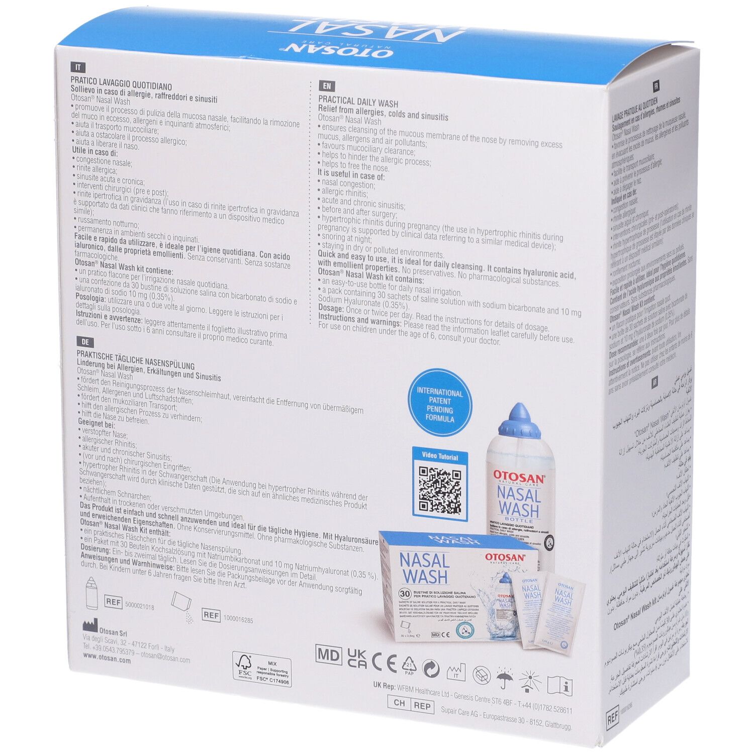 Retro della confezione del kit di lavaggio nasale. Testo multilingue. Codice QR e immagine del prodotto.