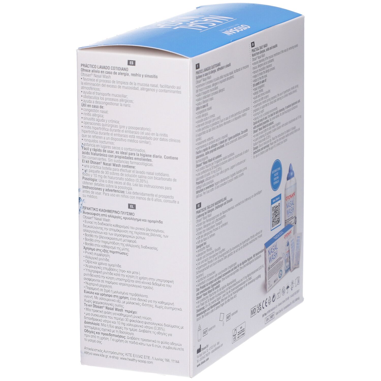Vista laterale obliqua della confezione del kit di lavaggio nasale. Testo multilingue. Logo e nome del prodotto visibili.