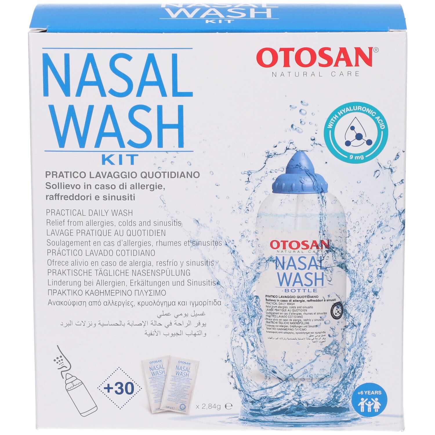 Vista frontale della confezione del kit di lavaggio nasale. Include bottiglia, bustine e istruzioni. Scatola blu e bianca.