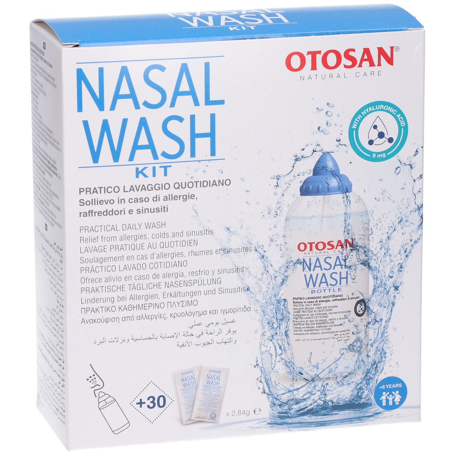 Vista frontale della confezione del kit di lavaggio nasale. Include bottiglia, bustine e istruzioni. Scatola blu e bianca.