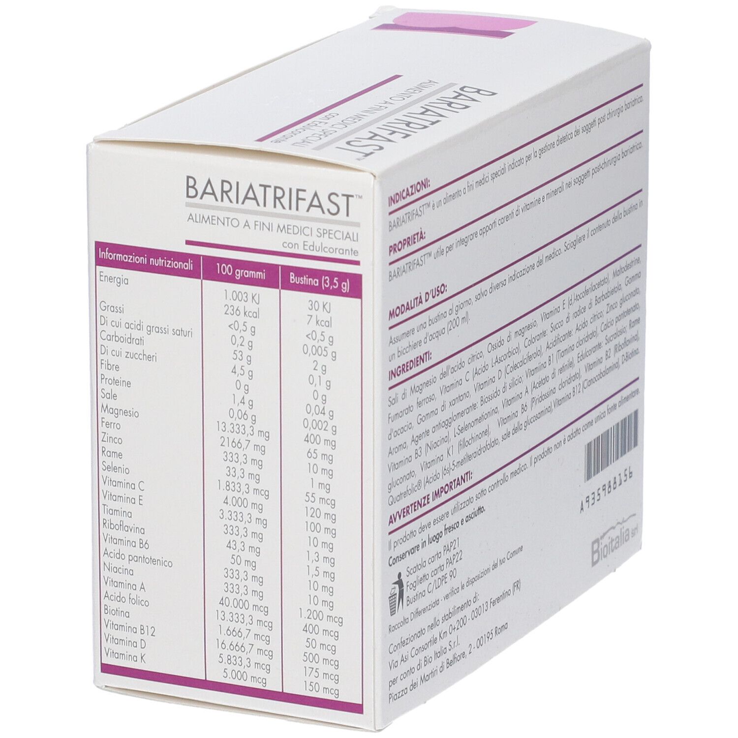 Lato della confezione BARIATRIFAST con informazioni nutrizionali per 100g e per bustina.