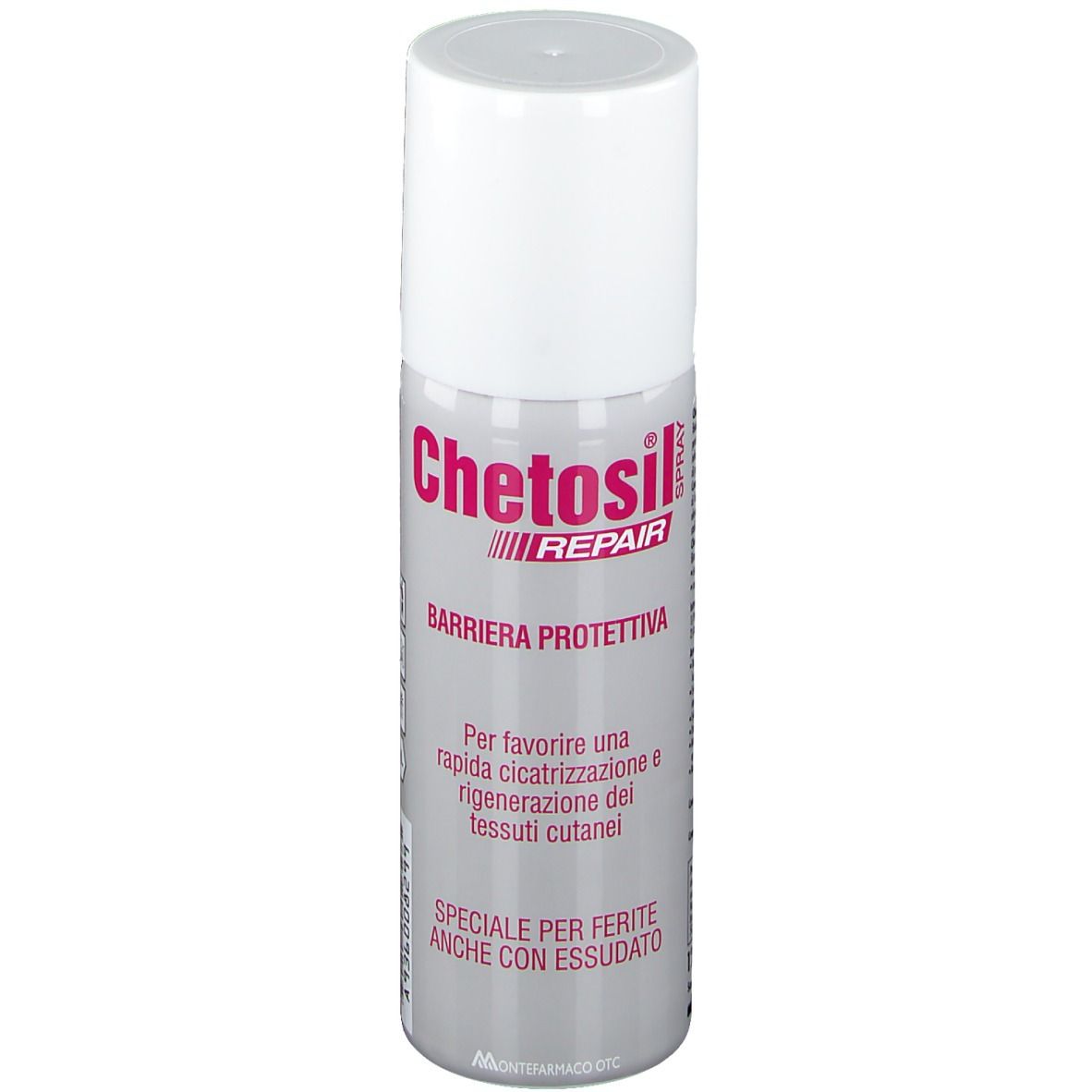 Flacone spray cilindrico con tappo bianco. Scritta Chetosil Repair, Barriera Protettiva. Testo in italiano.