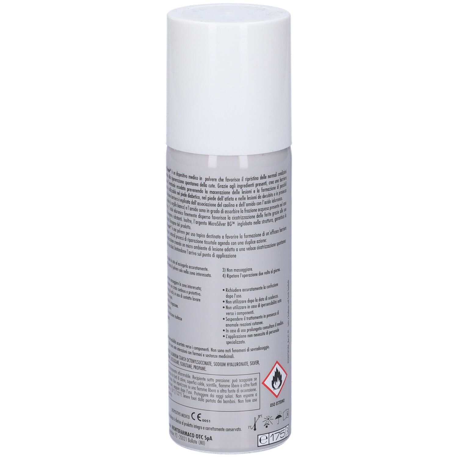 Flacone spray cilindrico con tappo bianco. Retro con testo e pittogrammi. Avvertenza e marchio CE.