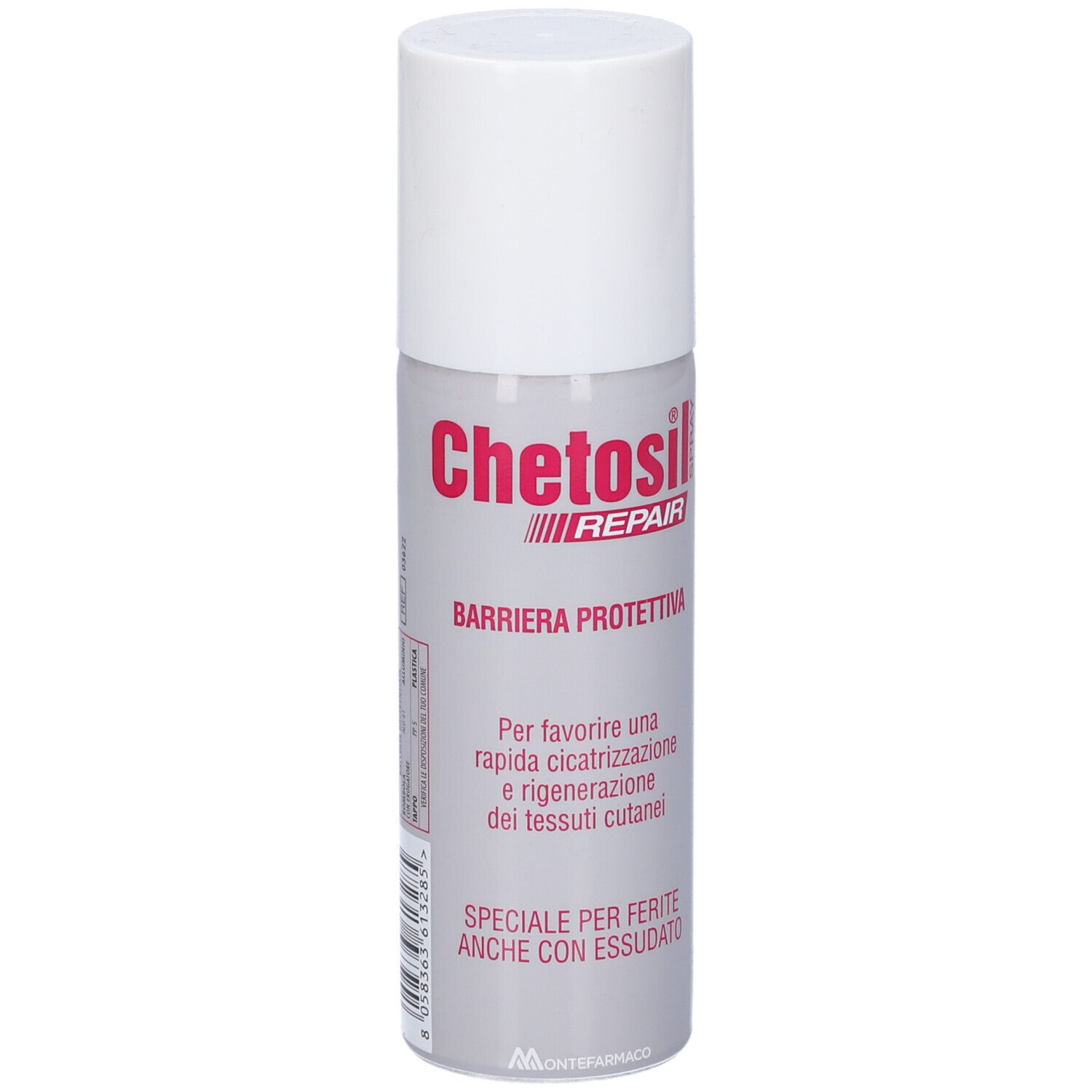 Flacone spray cilindrico con tappo bianco. Scritta Chetosil Repair, Barriera Protettiva. Testo in italiano.