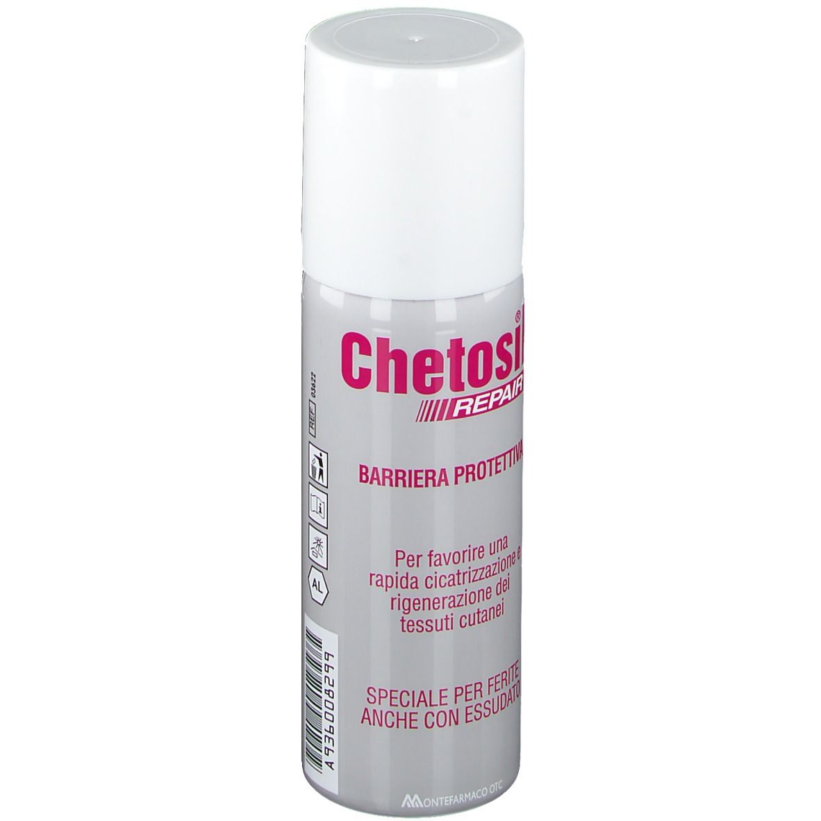 Flacone spray cilindrico con tappo bianco. Scritta Chetosil Repair, Barriera Protettiva. Testo e pittogrammi.