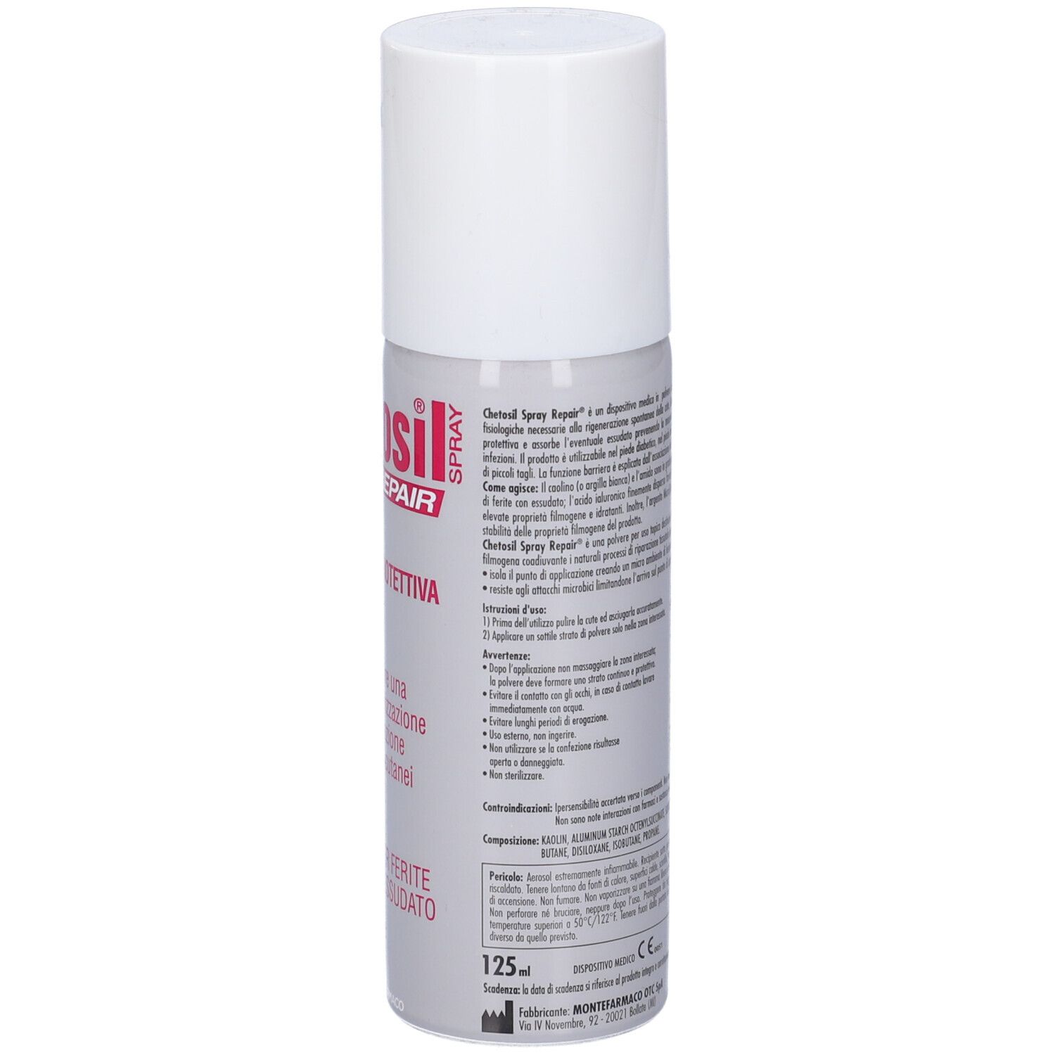 Flacone spray cilindrico con tappo bianco. Retro con testo, pittogrammi e codice a barre. Marchio AL.